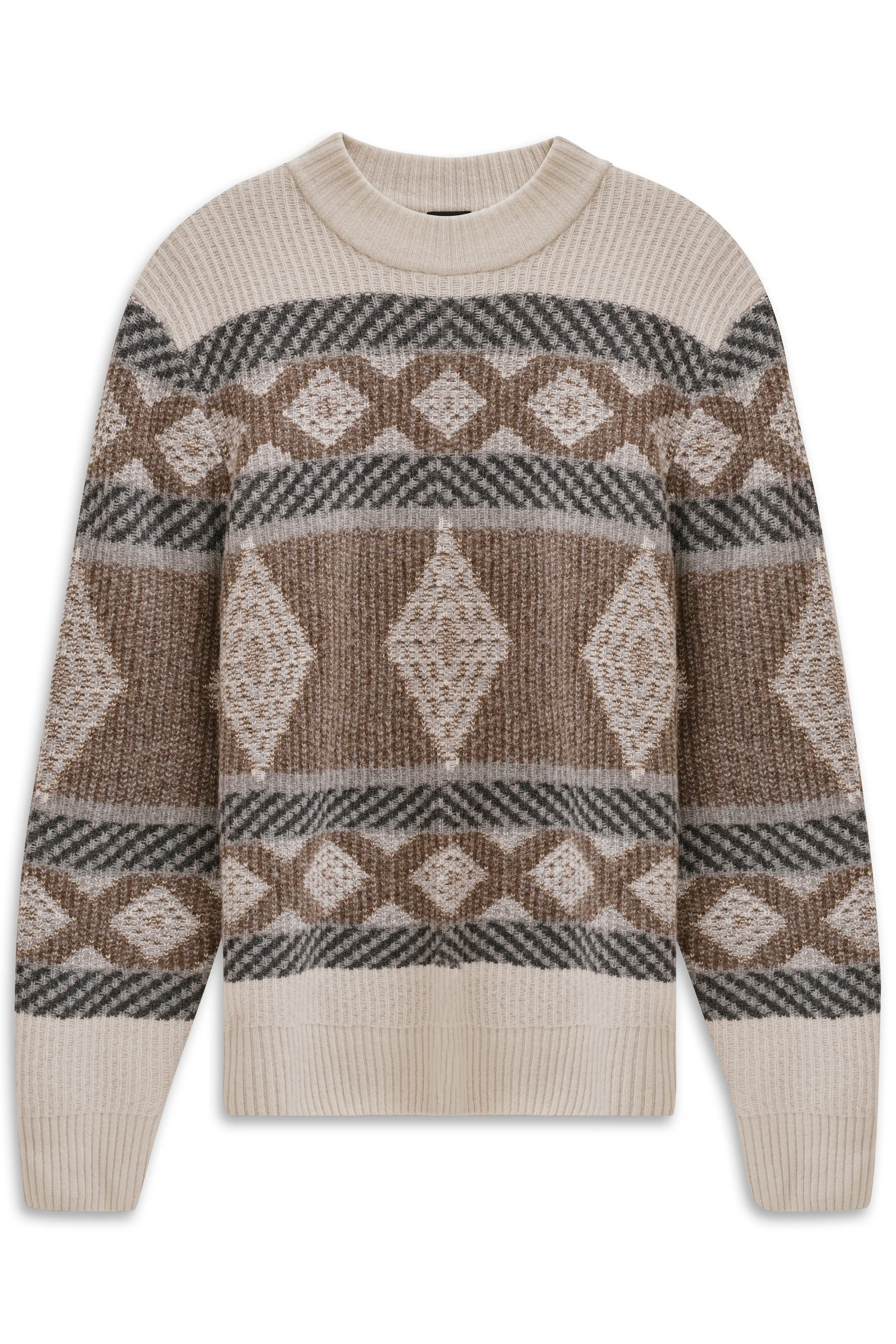 Beige and brown geometric pattern knit sweater, bust view.