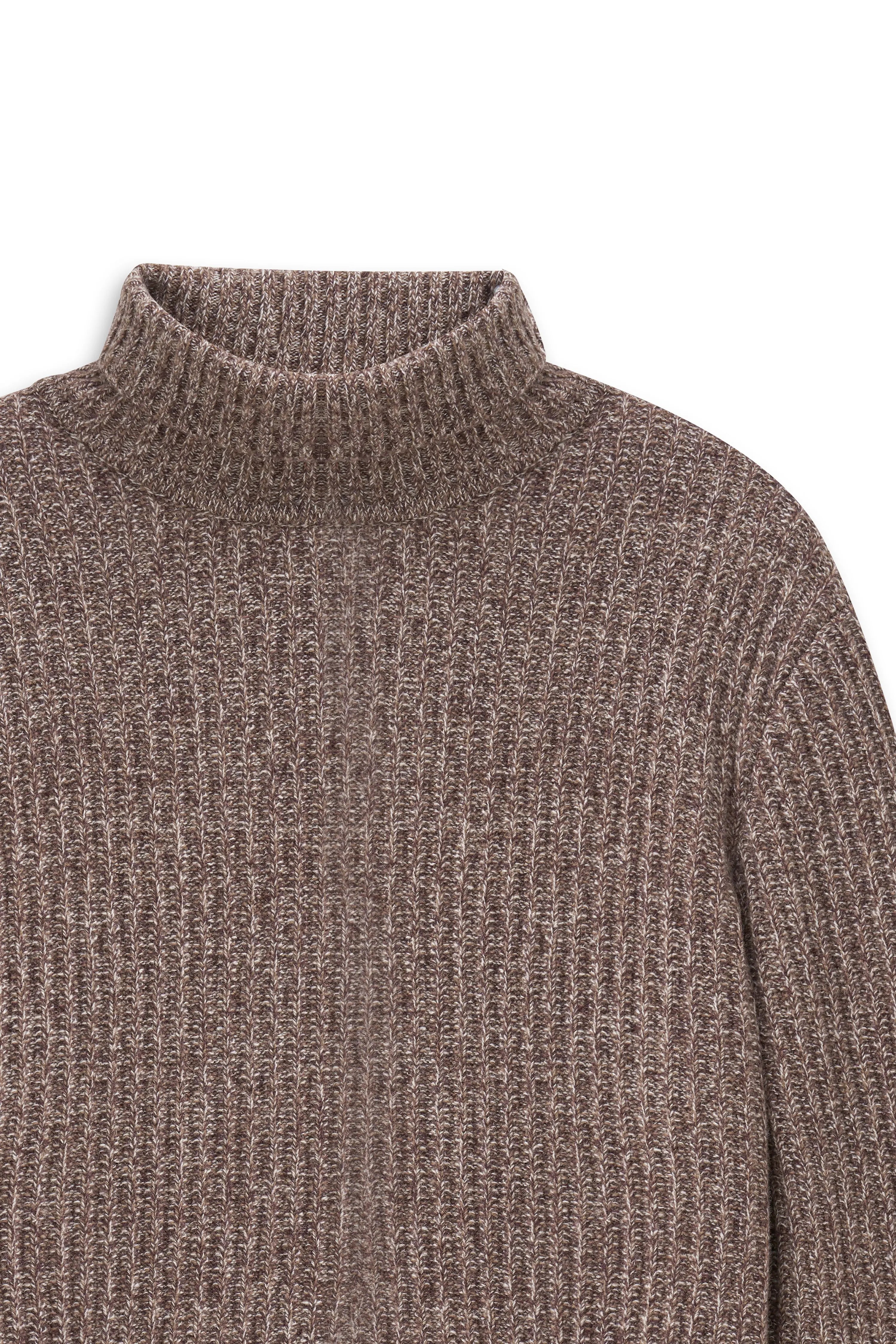 Ribbed detail view of a brown bugatti turtleneck sweater.