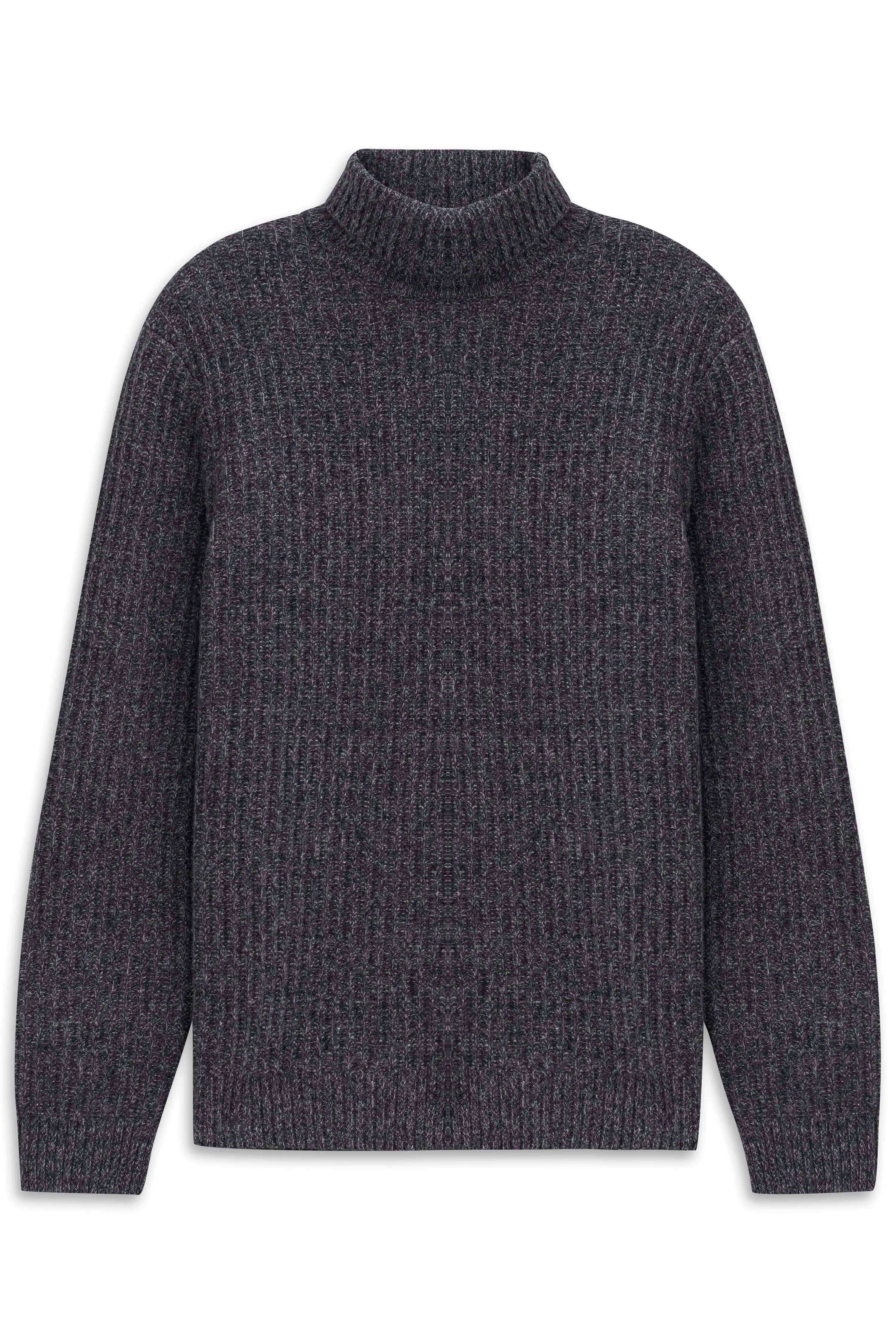 Gray turtleneck sweater with ribbed knit pattern, bust view.