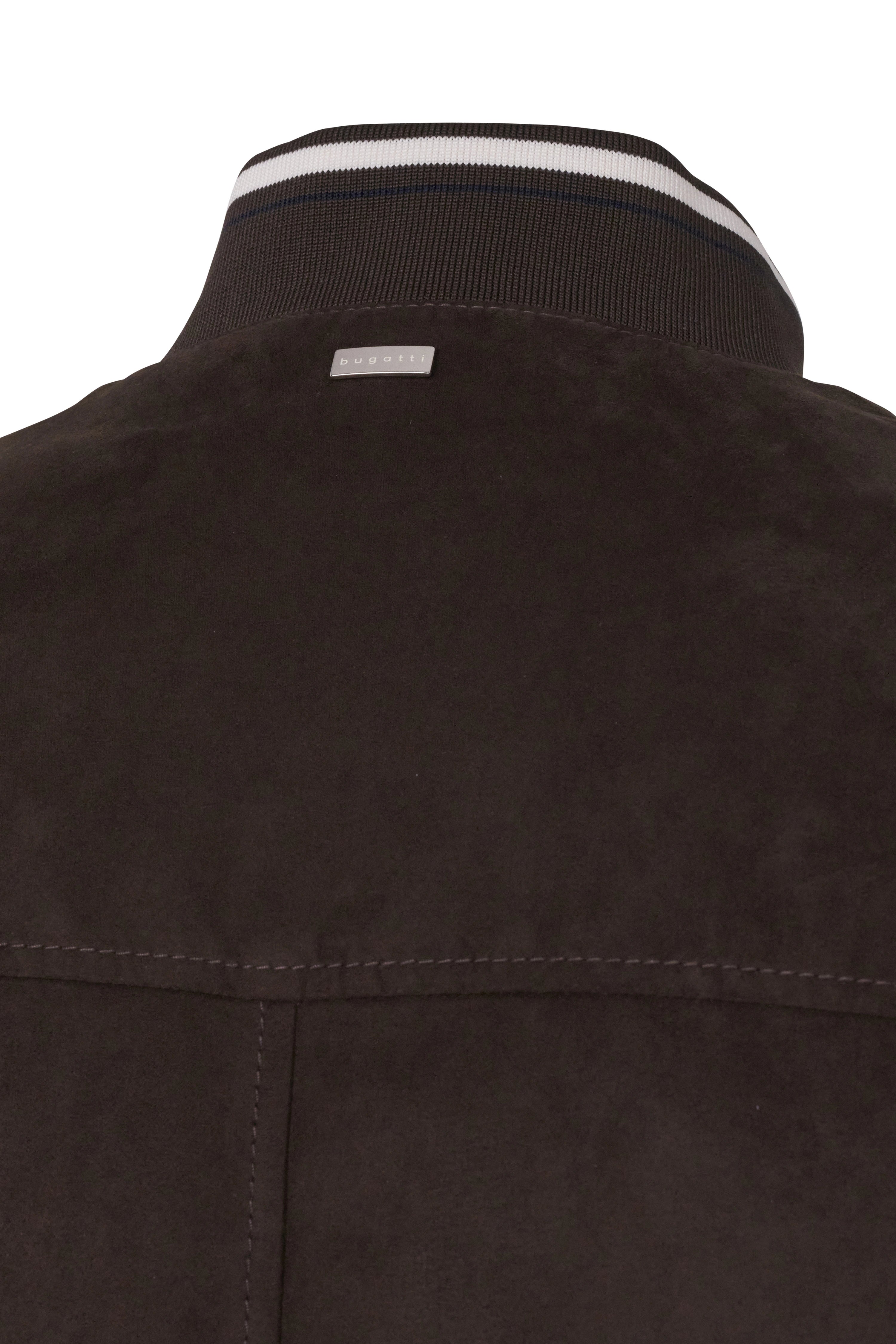 bugatti Jacke in Dunkelbraun mit gestreiftem Kragen, Büstenbild, Detailansicht.