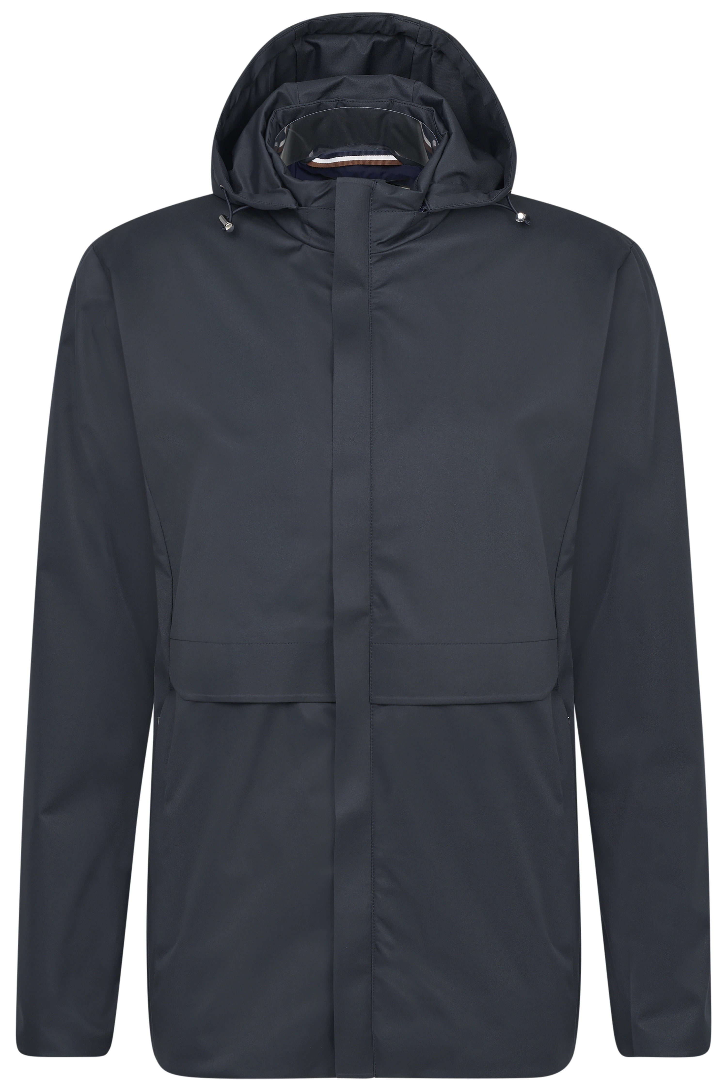 Dunkelblaue bugatti Jacke mit Kapuze, legeres Büstenbild.