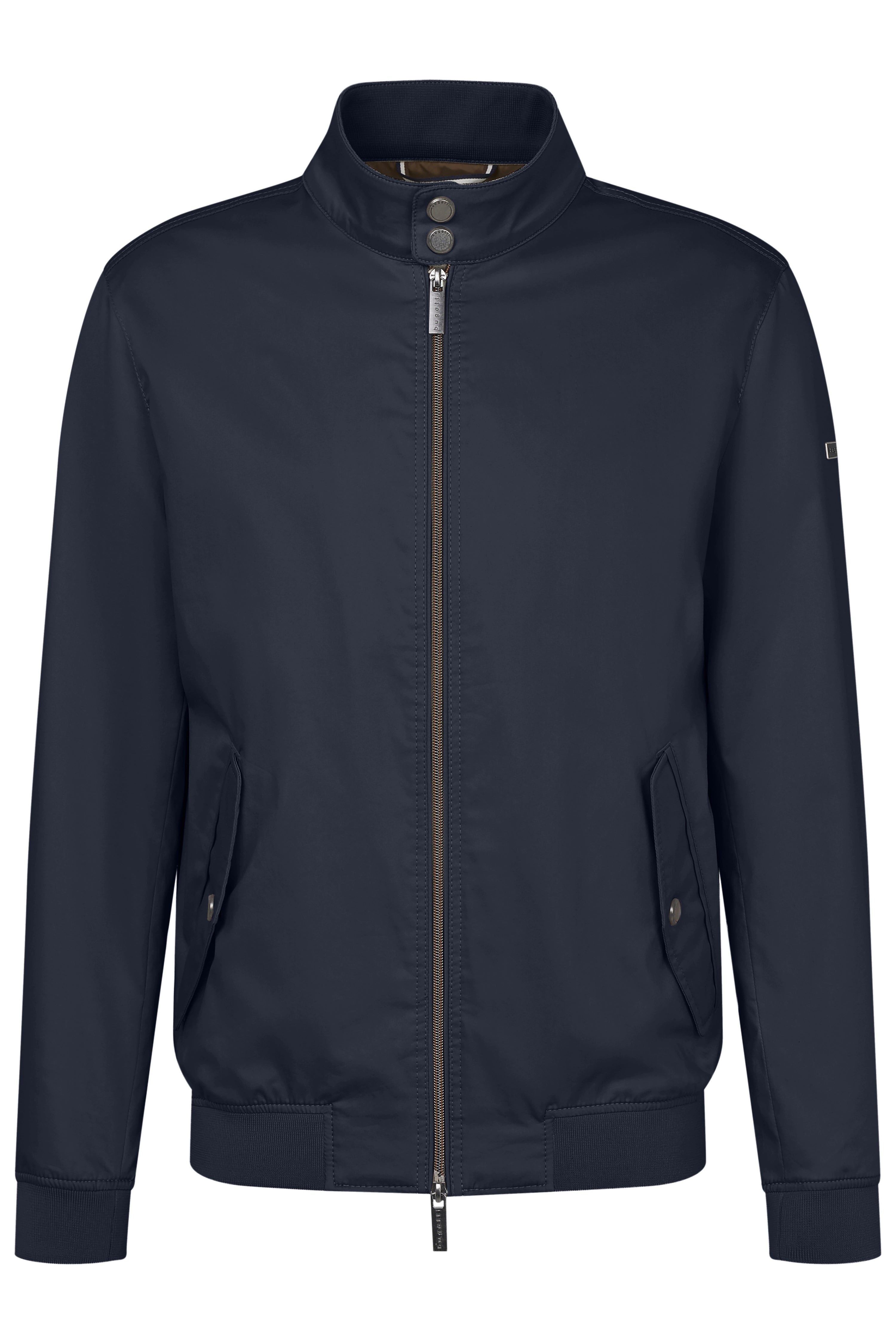 bugatti men's bomber jacket, dark blue, zipper, stand-up collar, bust view.
