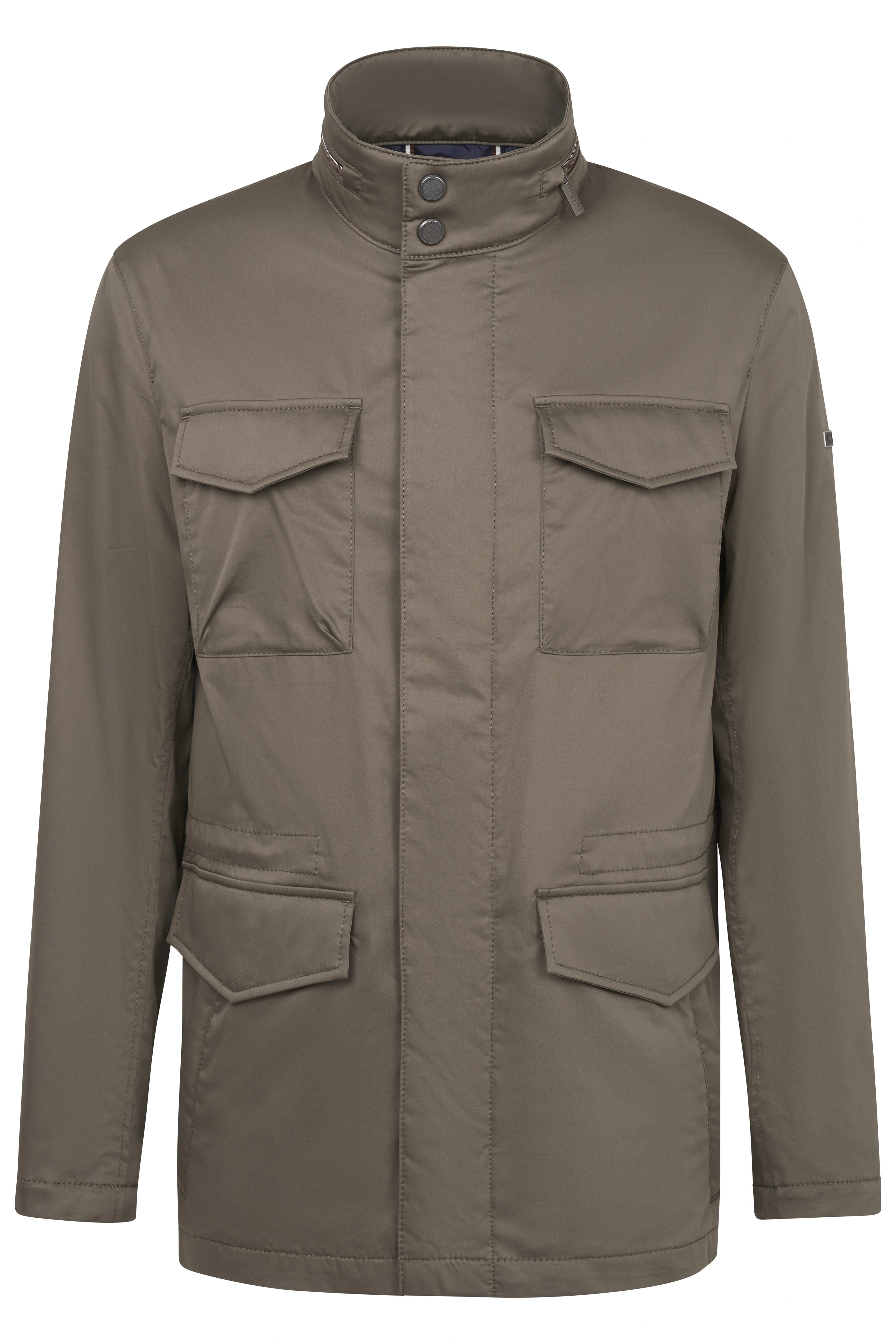 bugatti Herrenjacke, grau, mit Stehkragen und vier Taschen, leger, Büstenbild.