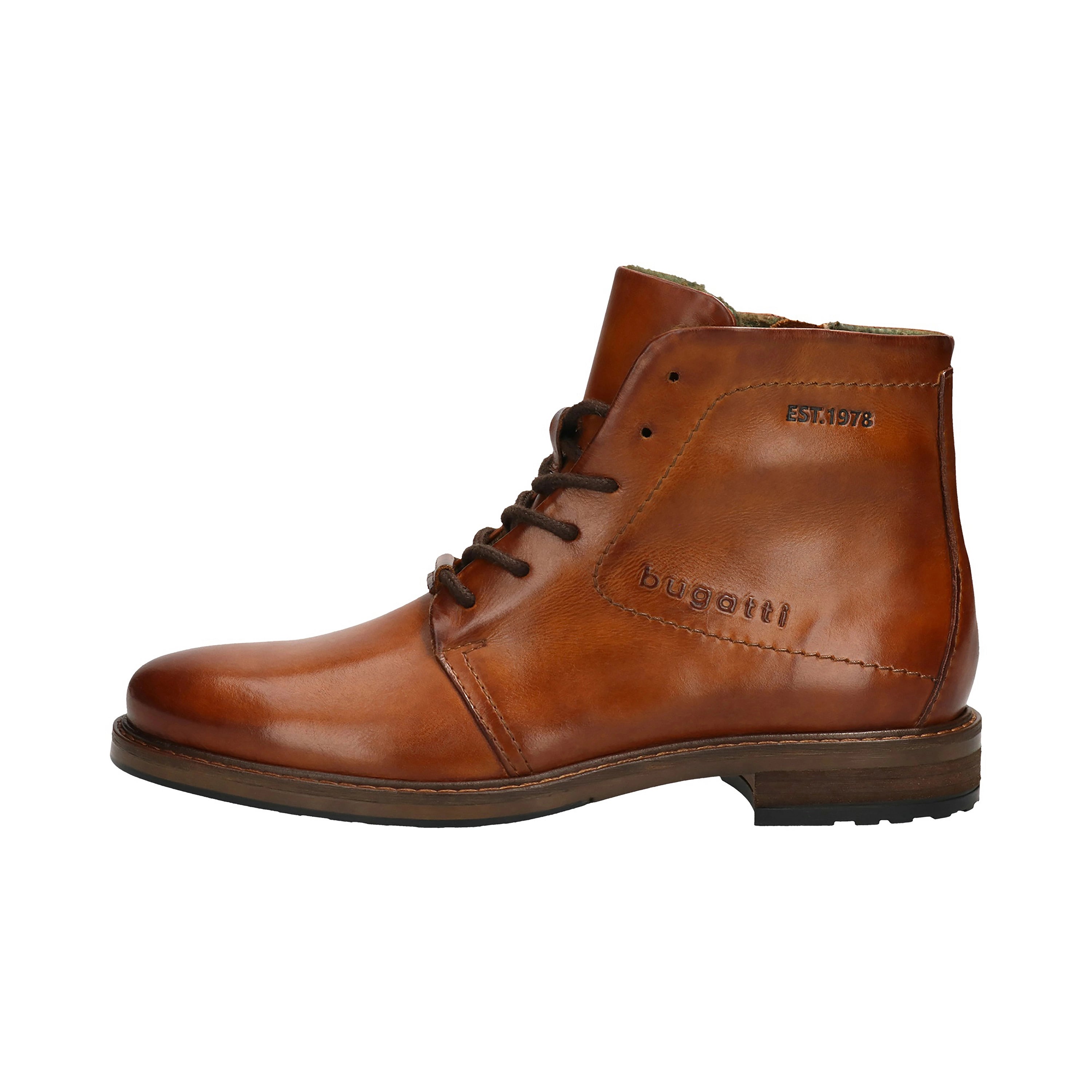 bugatti brauner Lederstiefel, seitlich, robustes Design, klassische Schnürung, eleganter Stil.