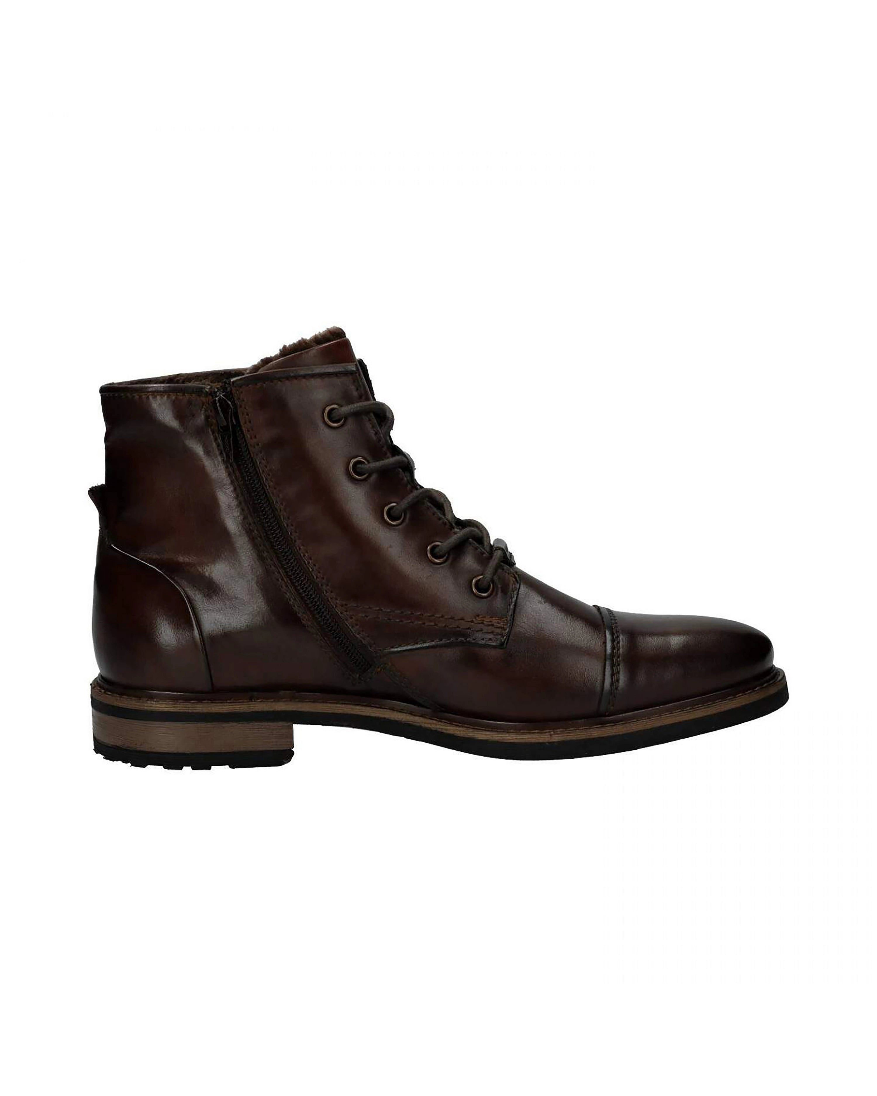 Brauner Lederstiefel von bugatti, seitliches Profil, Schnürung und Reißverschluss, legeres Produktbild.