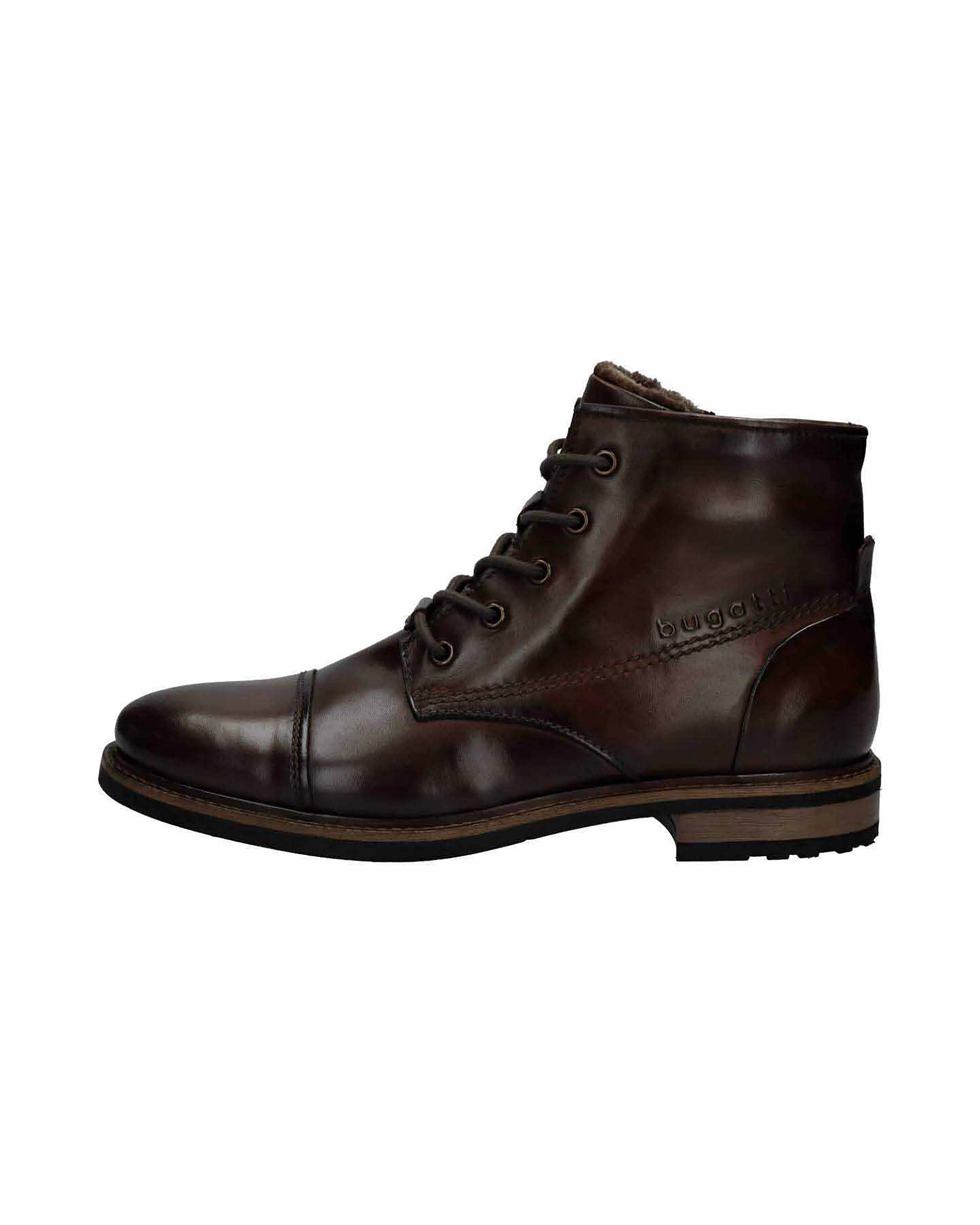 Brauner bugatti Stiefel mit Schnürung, Seitenansicht, elegantes Design, hochwertiges Leder.