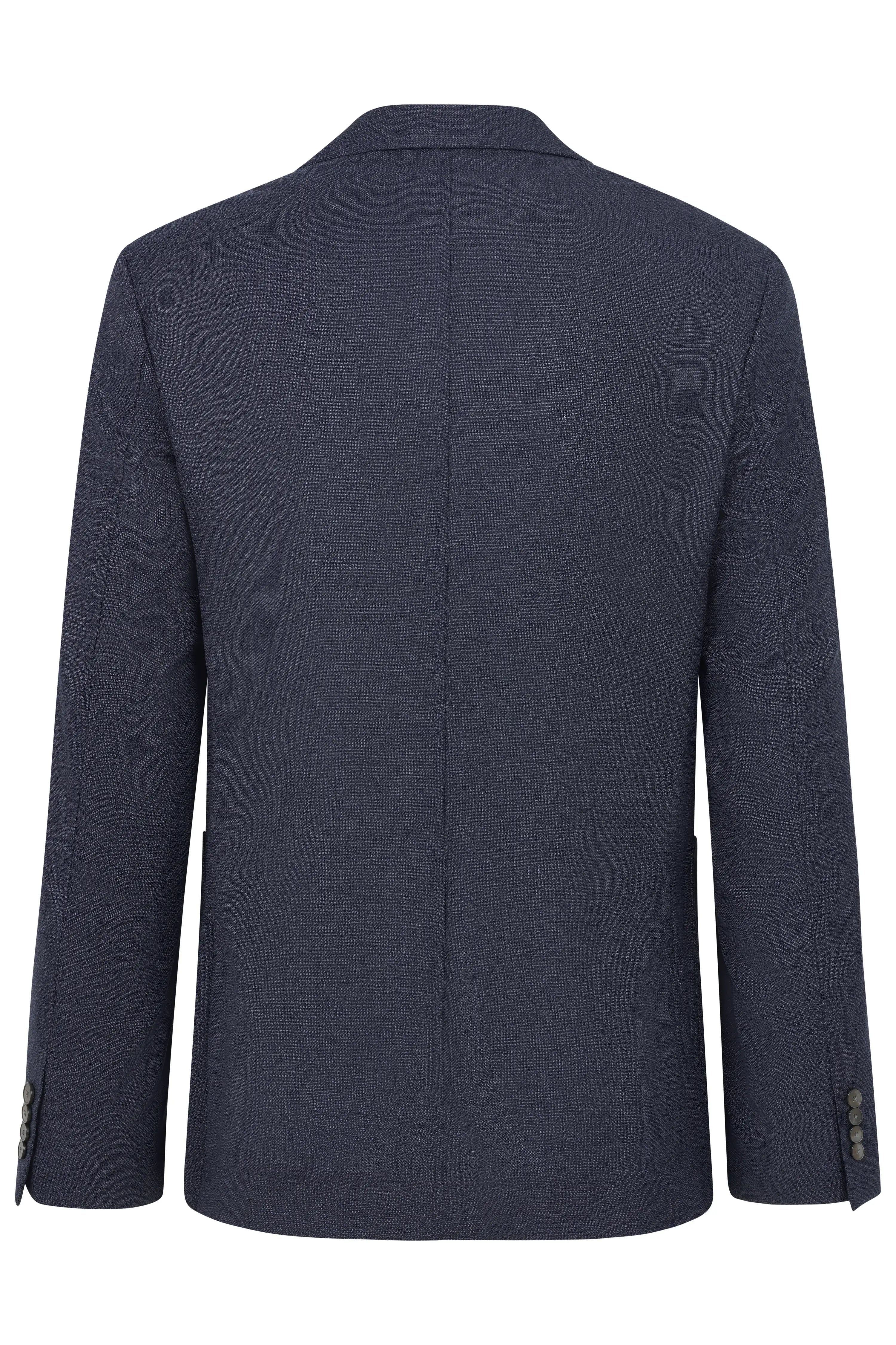 Donkerblauw bugatti colbert, achterkant, elegant en tijdloos, met klassieke details.