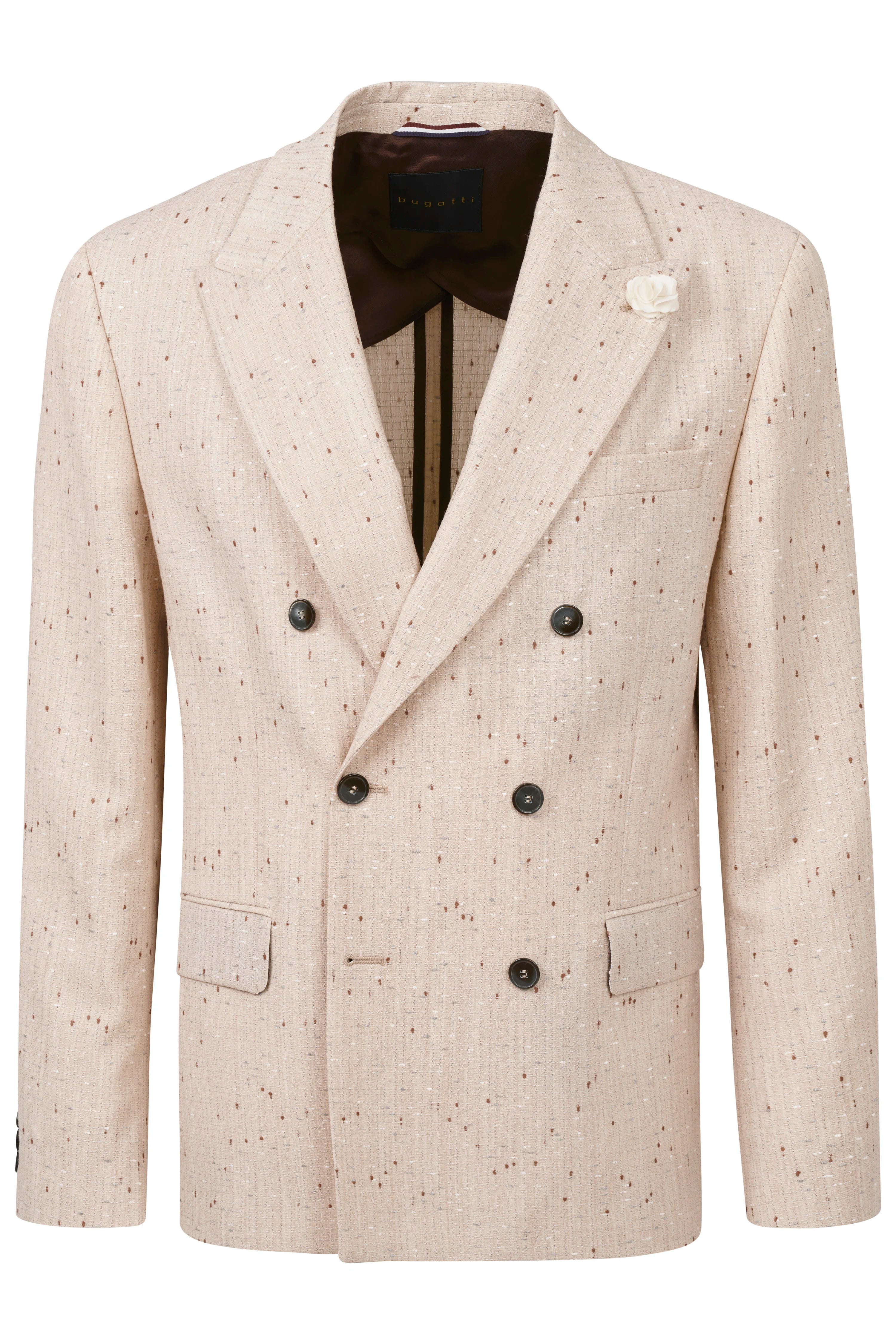 Beige bugatti colbert met krijtstrepen en knopen, busteweergave, elegant ontwerp, ideaal voor stijlvolle gelegenheden.