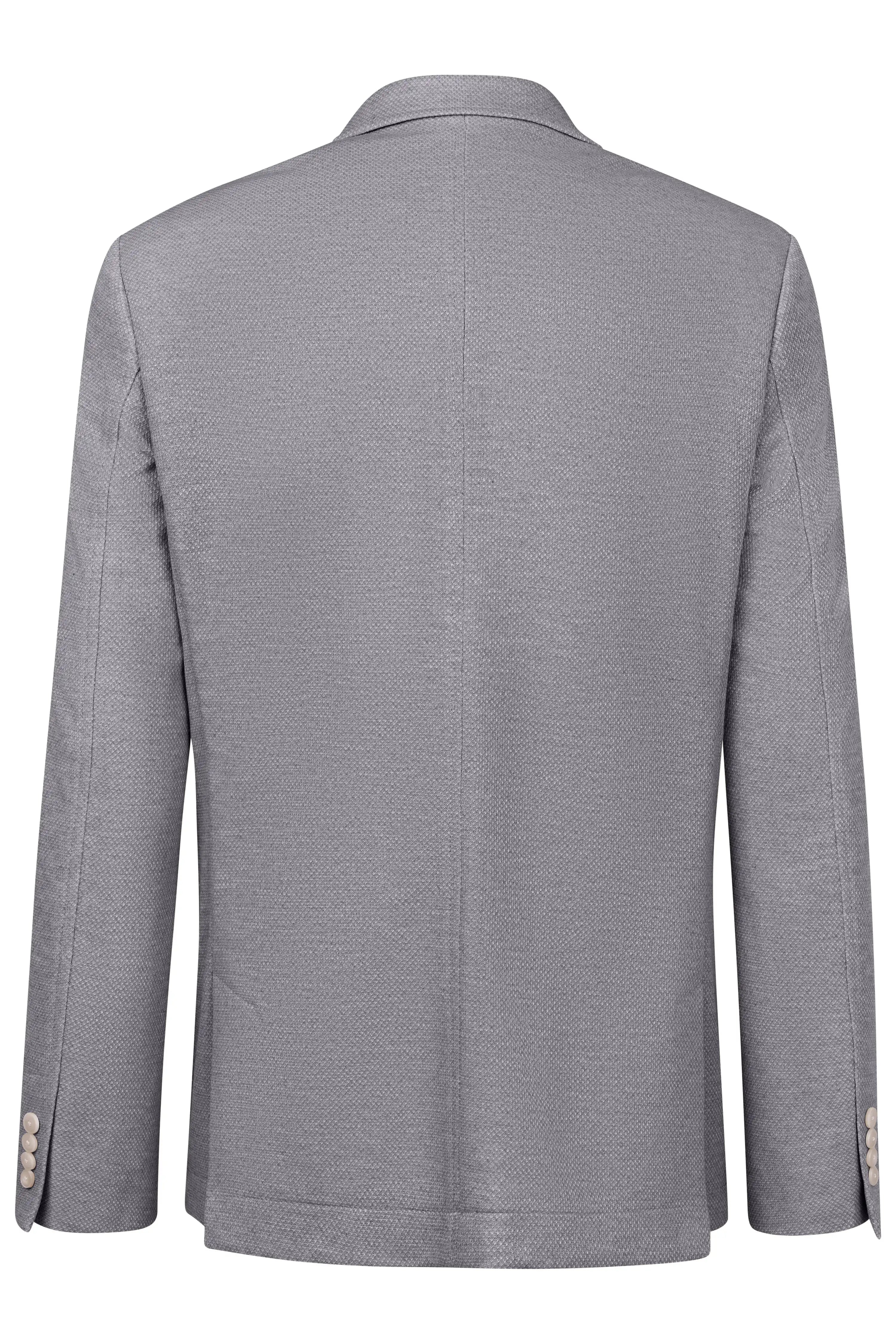 Grey mottled bugatti blazer, bust image, two buttons, elegant design.