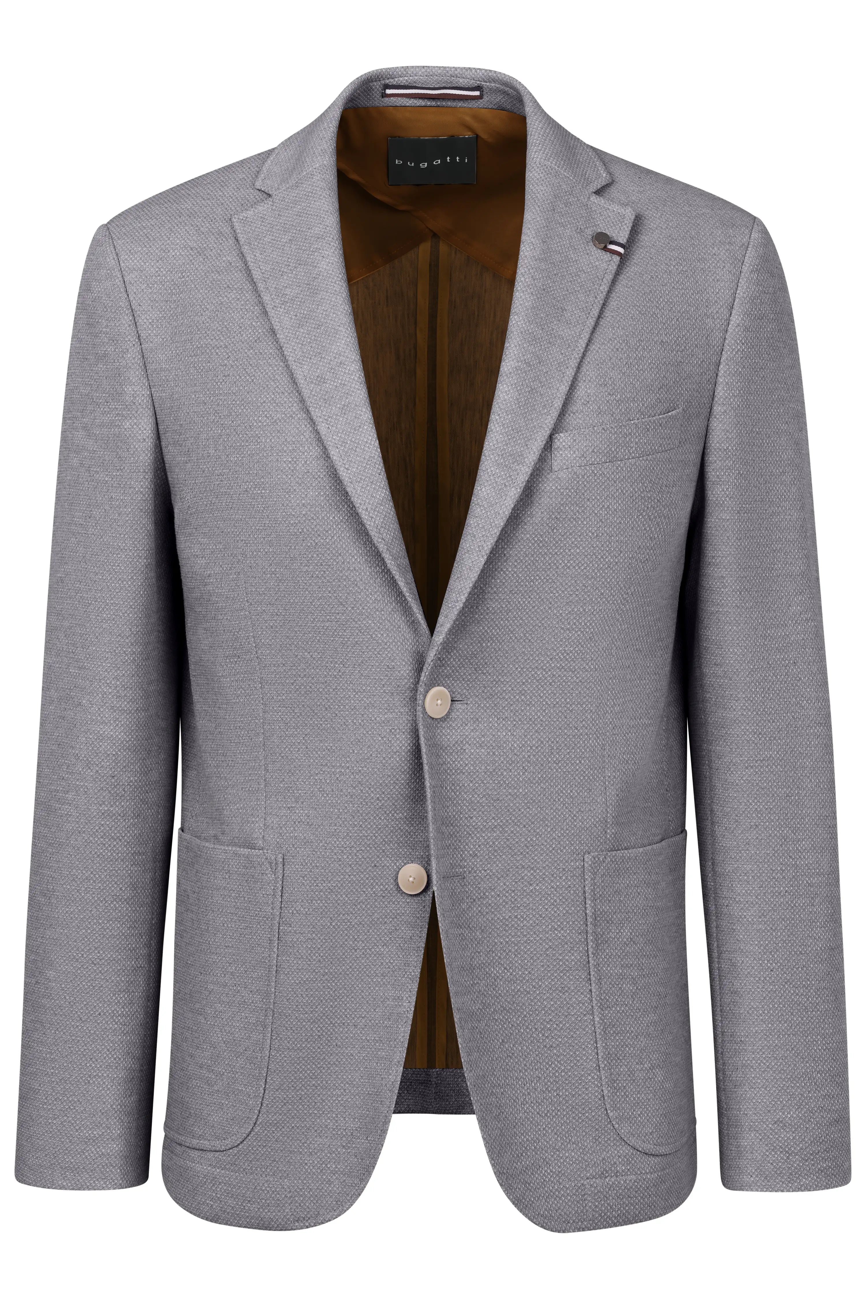 Gray blazer, dark shirt, wide blue pants on model, relaxed pose, bugatti style.