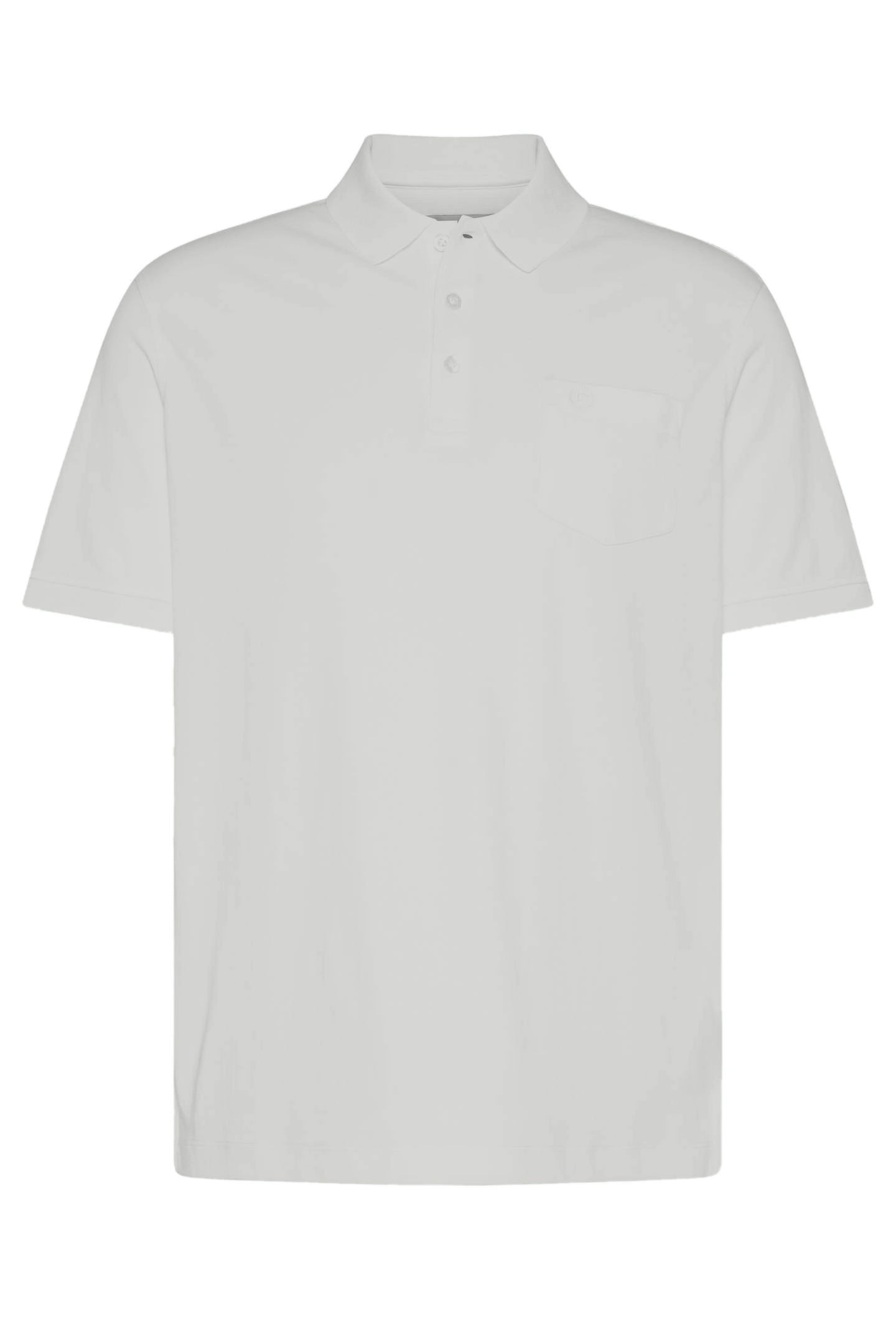Weißes bugatti Poloshirt, klassischer Schnitt, Frontansicht, ohne Muster, Büstenbild.