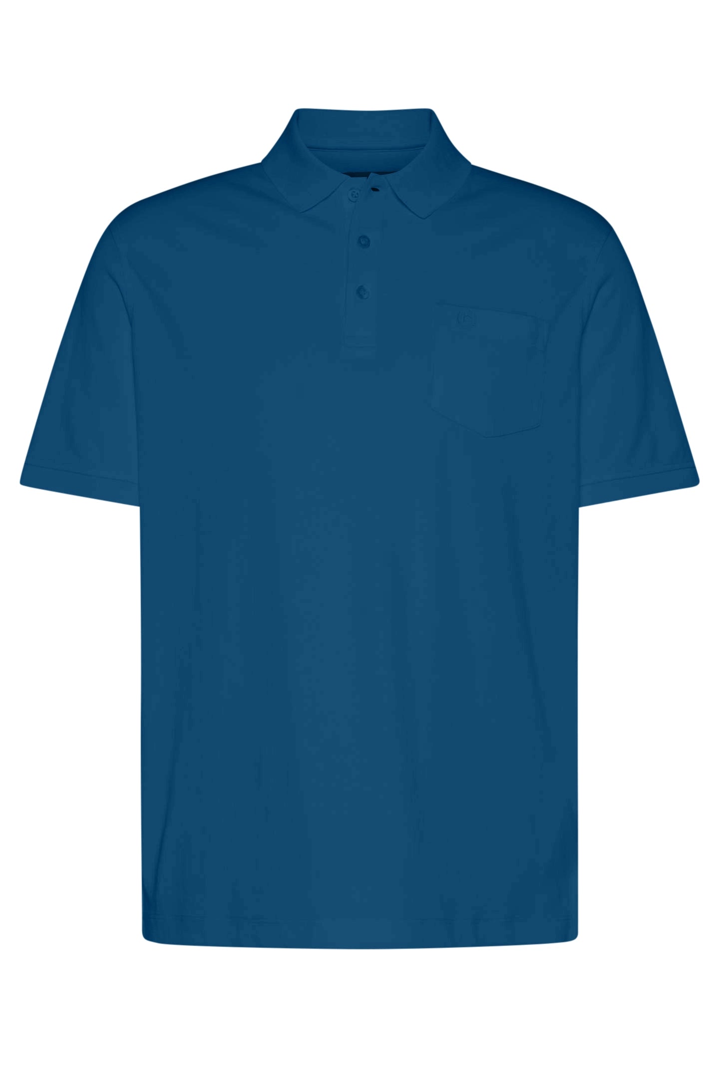 Blaues bugatti Poloshirt mit Brusttasche, legeres Büstenbild.