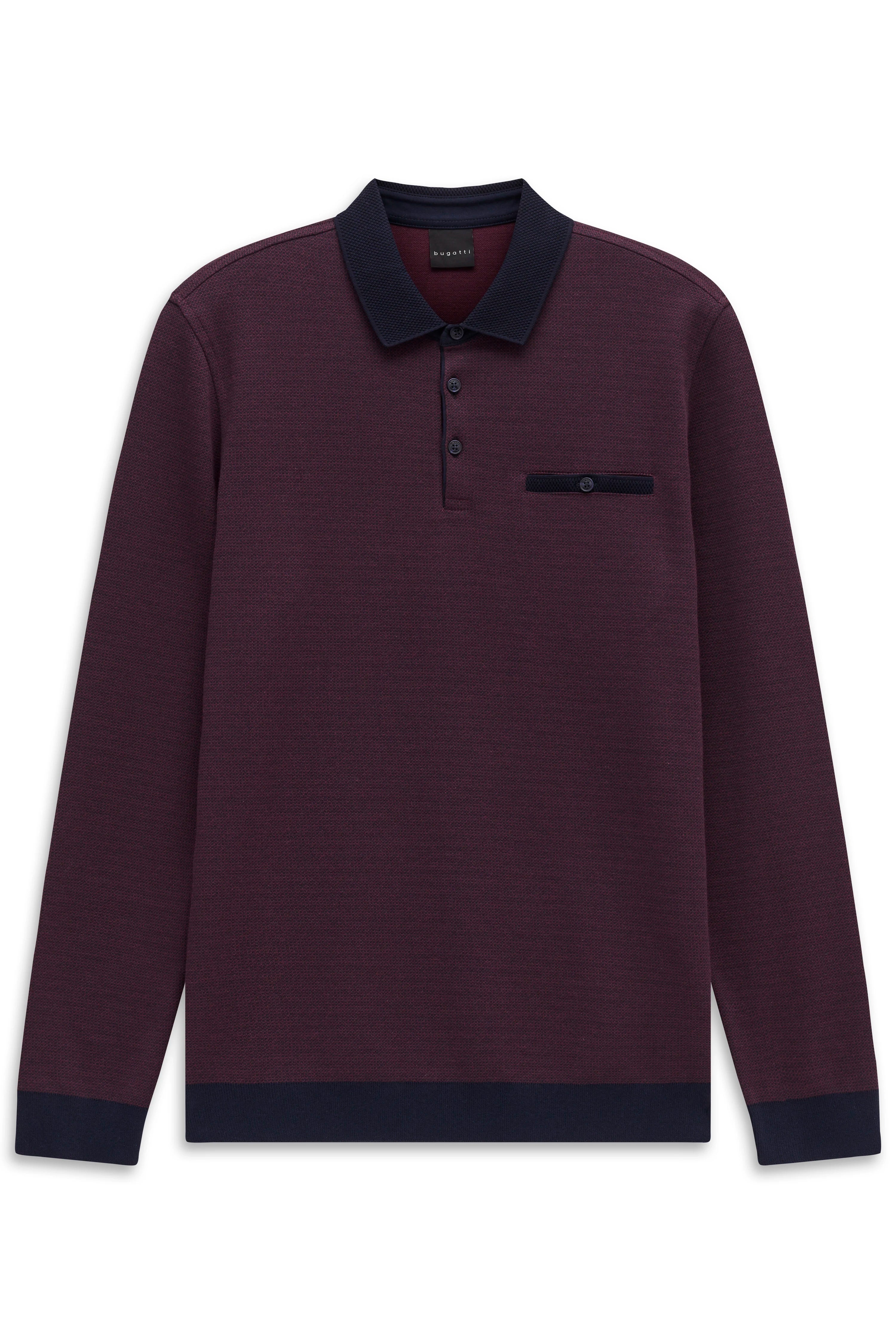 Bugatti Pullover, bordeaux, mit Knopfleiste und Tasche, legeres Büstenbild.