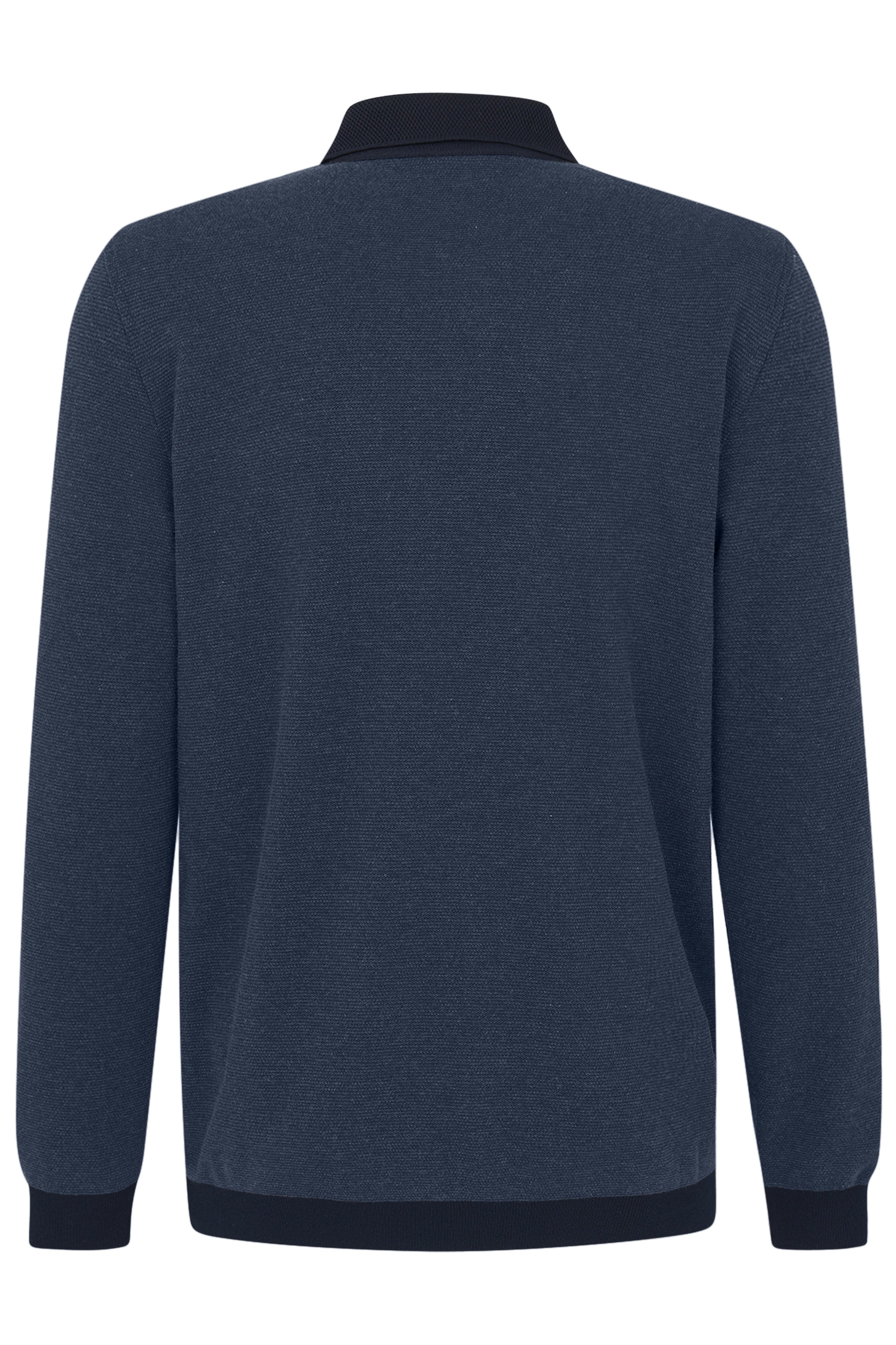 Blue bugatti sweater, back view, casual design, black cuffs and collar.