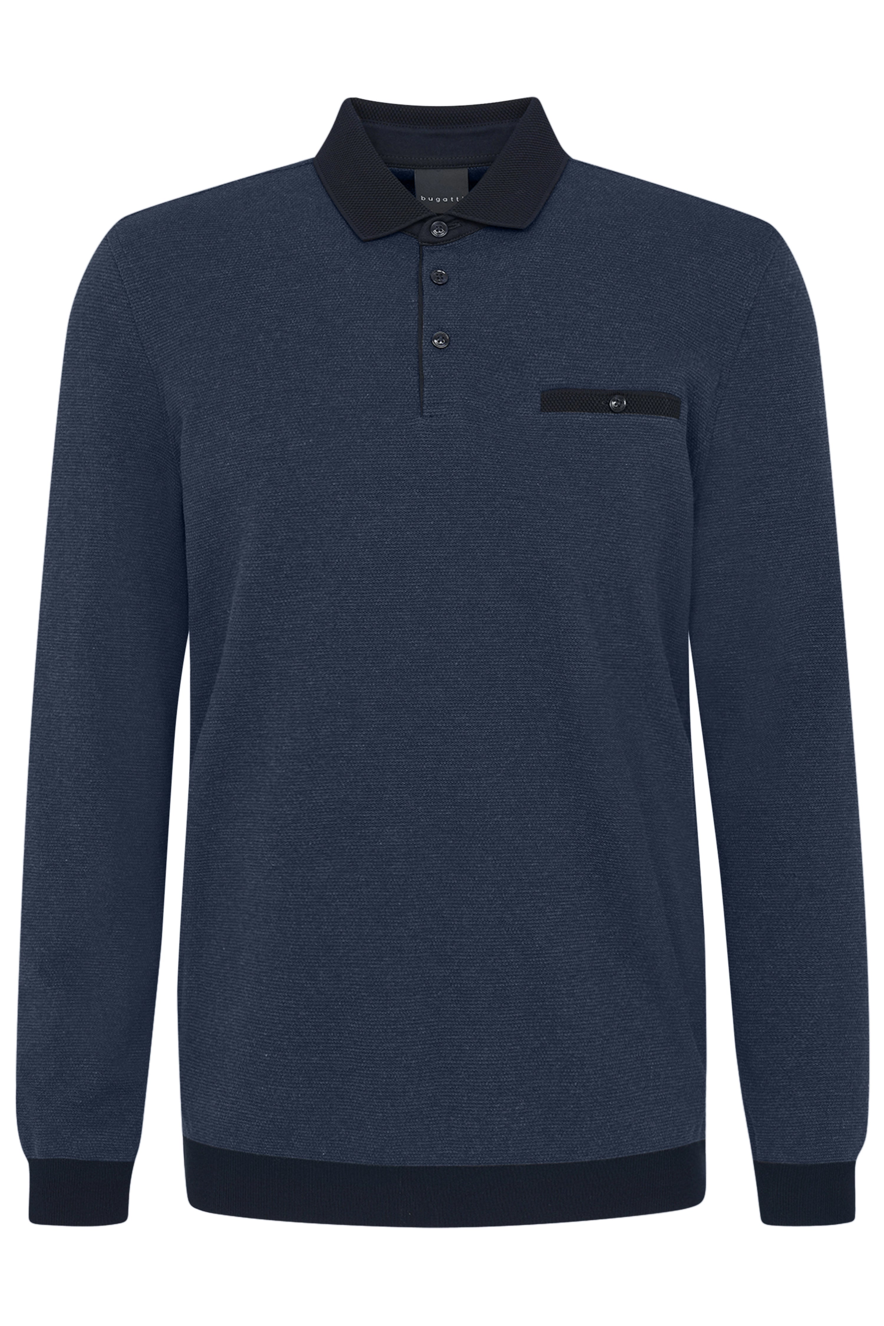 Blue bugatti long-sleeve polo with black collar, button placket, and chest pocket, bust view.