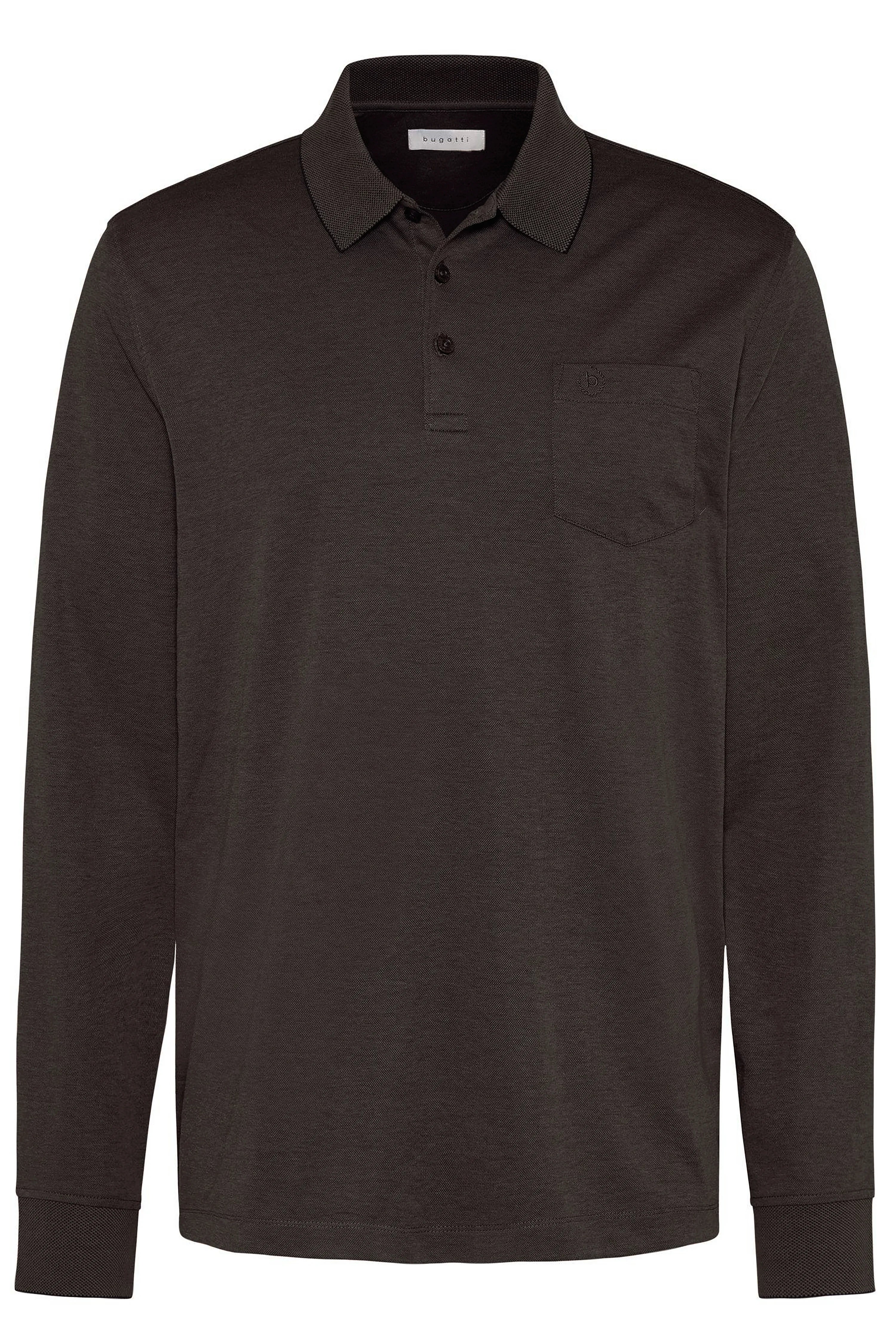 Long-sleeve polo shirt in dark brown by bugatti, bust image, classic design.