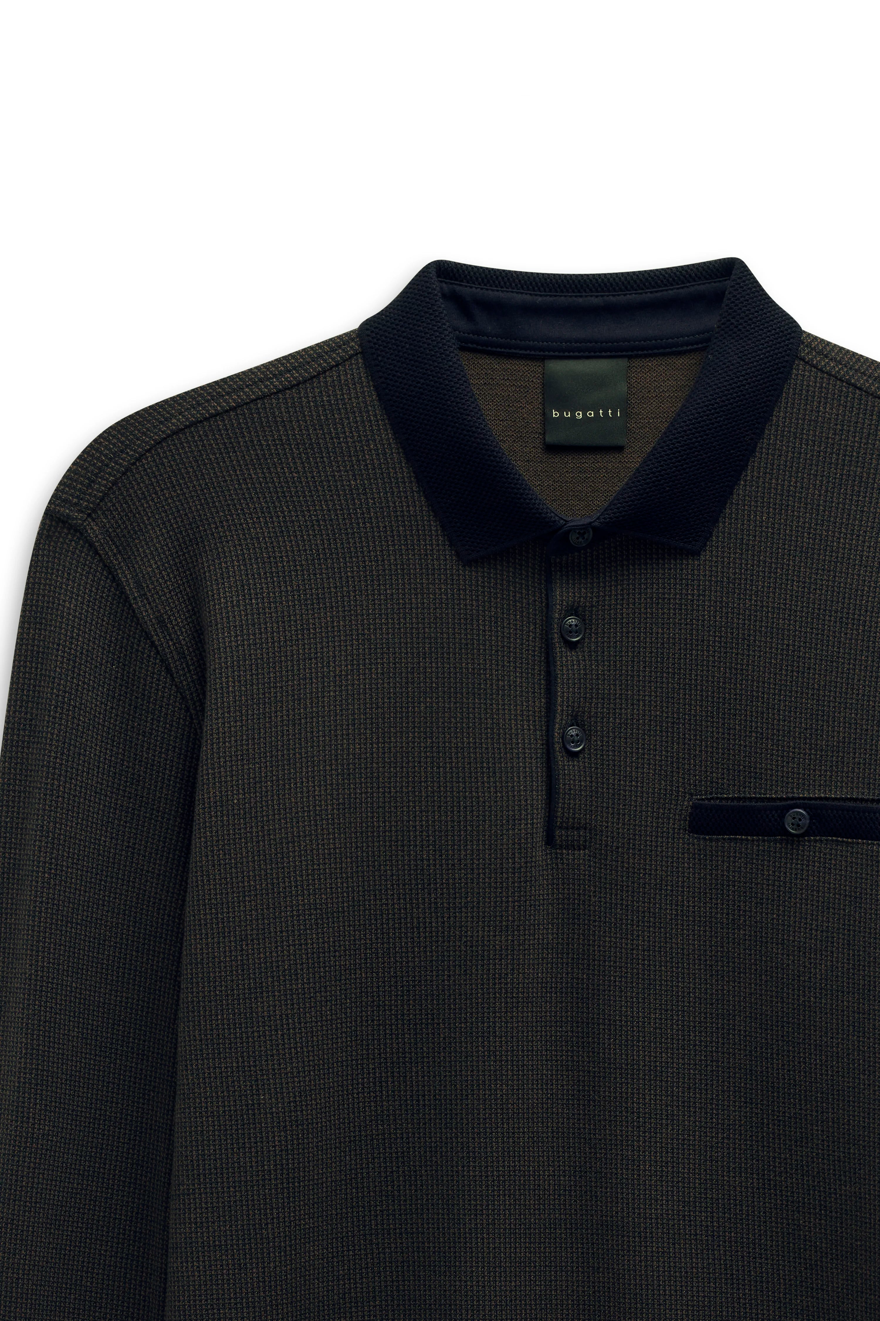 bugatti dark green knit polo with black collar, bust shot, stylish and timeless.