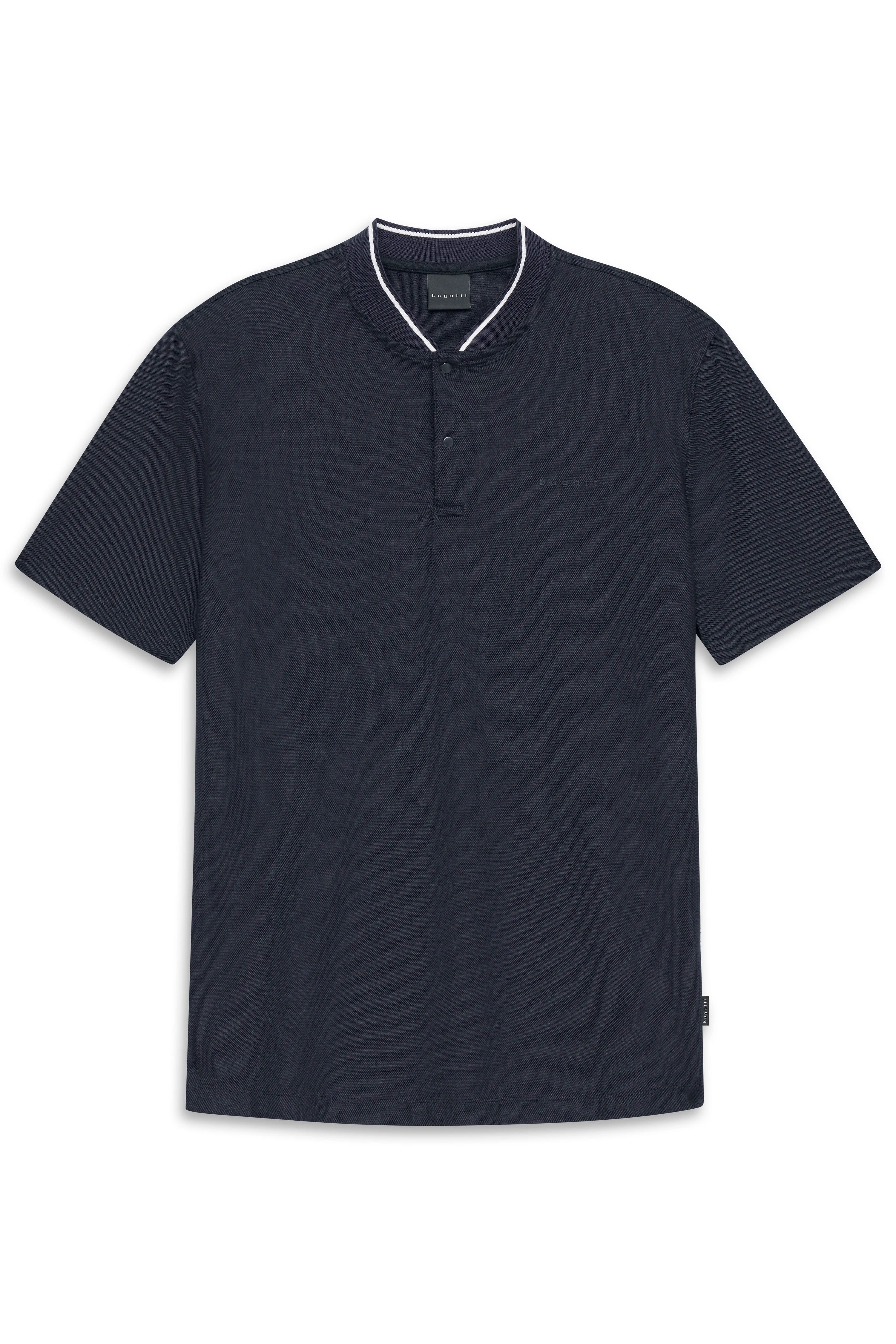 Dunkelblaues bugatti Poloshirt, leger, mit Stehkragen und Knopfleiste, minimalistisches Design.