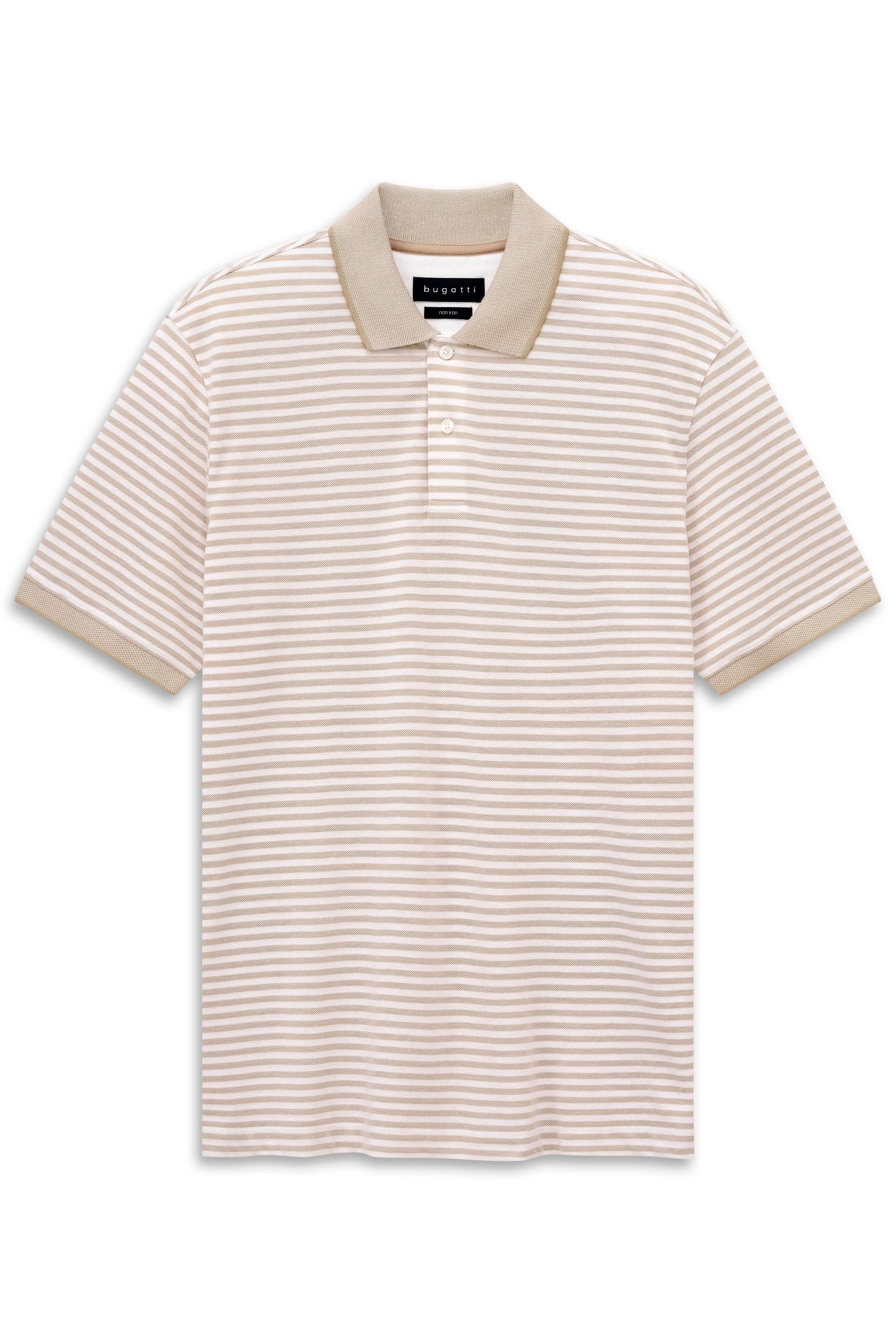 bugatti gestreiftes Poloshirt in Beige und Weiß, Büstenbild, klassisch-eleganter Look.