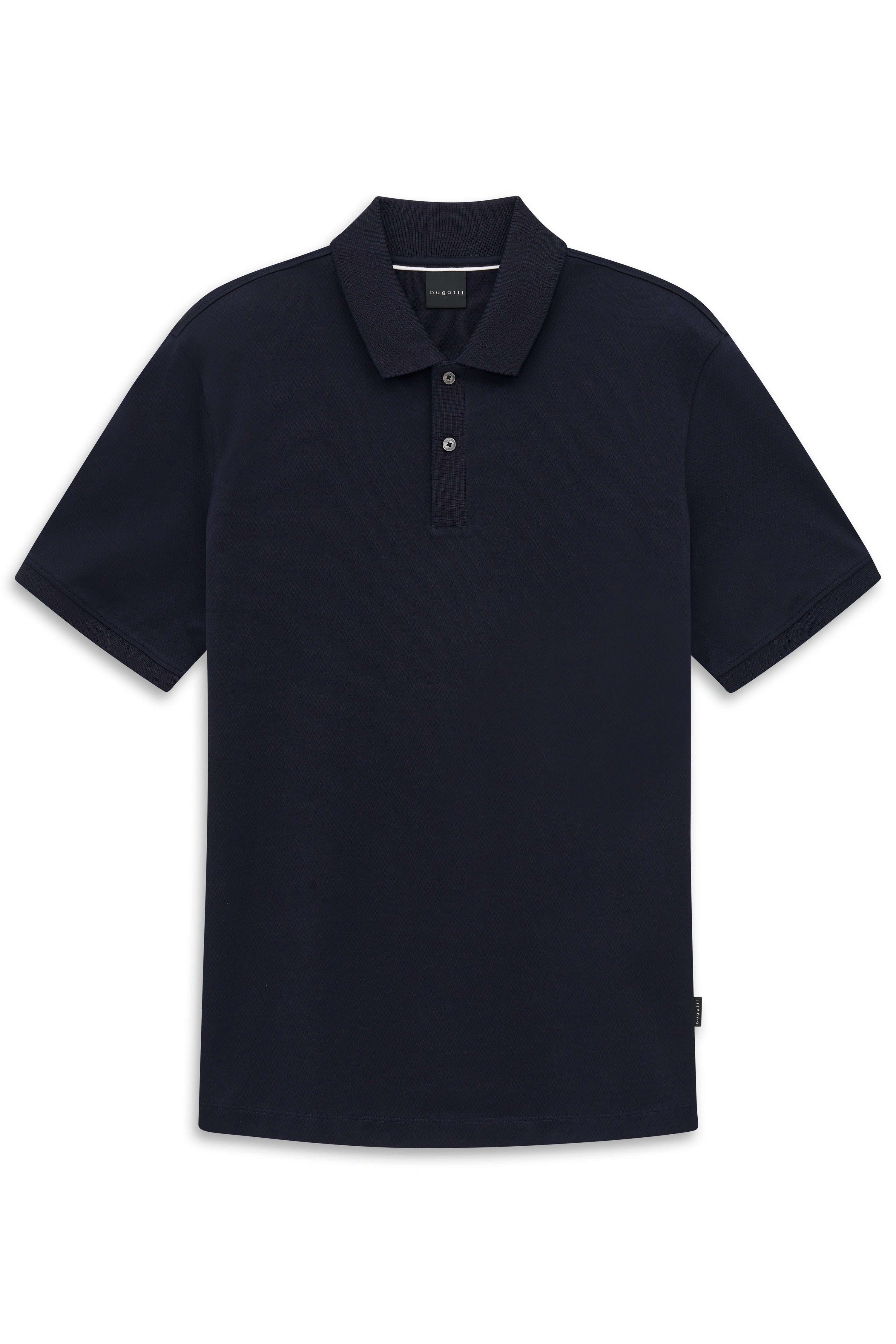 Dunkelblaues bugatti Polo-Shirt, Büstenbild, kurze Ärmel, klassischer Stil, zeitlose Eleganz.
