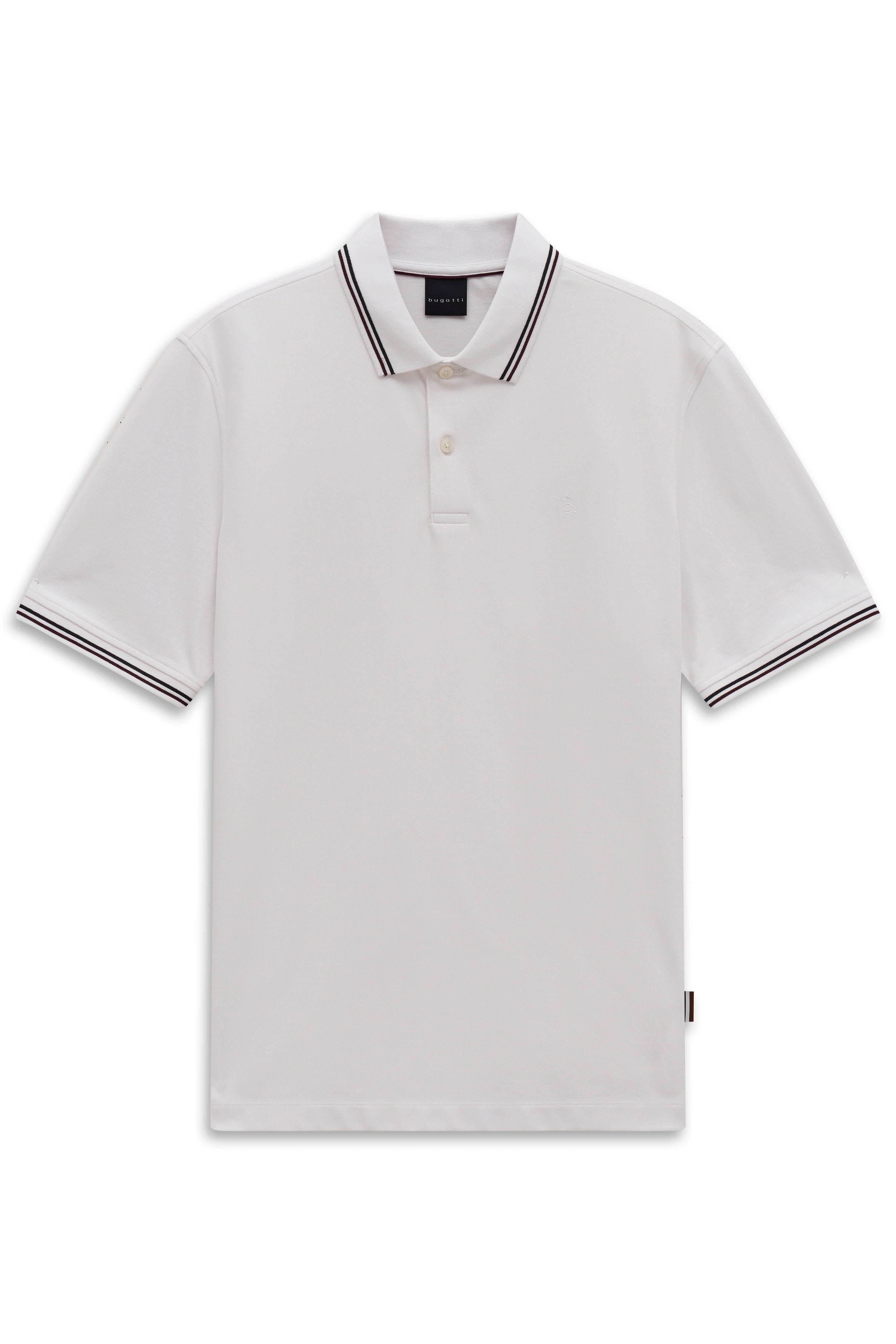 Weiße bugatti Polo-Shirt mit kontrastierenden Streifen an Kragen und Ärmeln, Büstenbild.