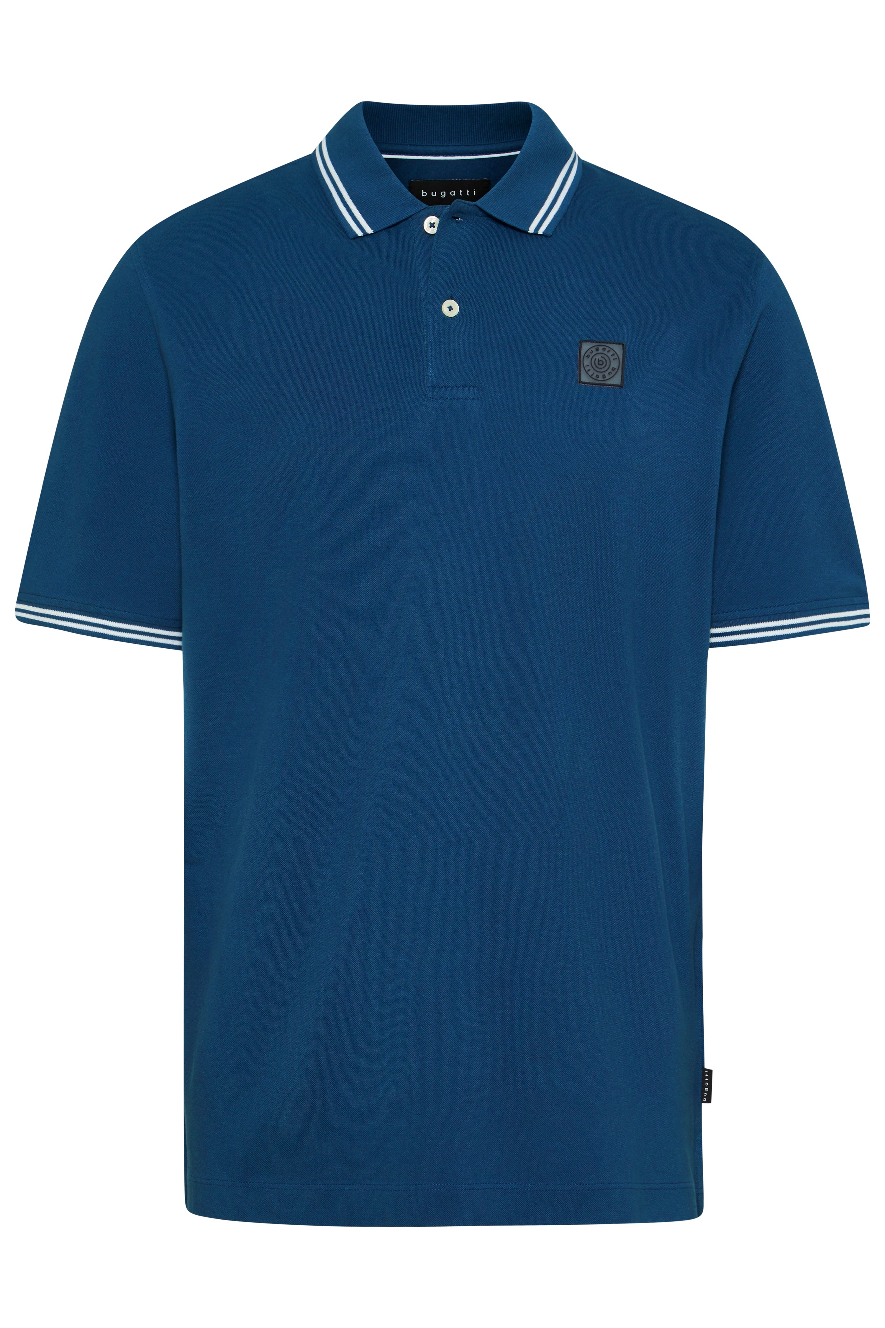 Blue bugatti polo with white stripes and logo, bust view.