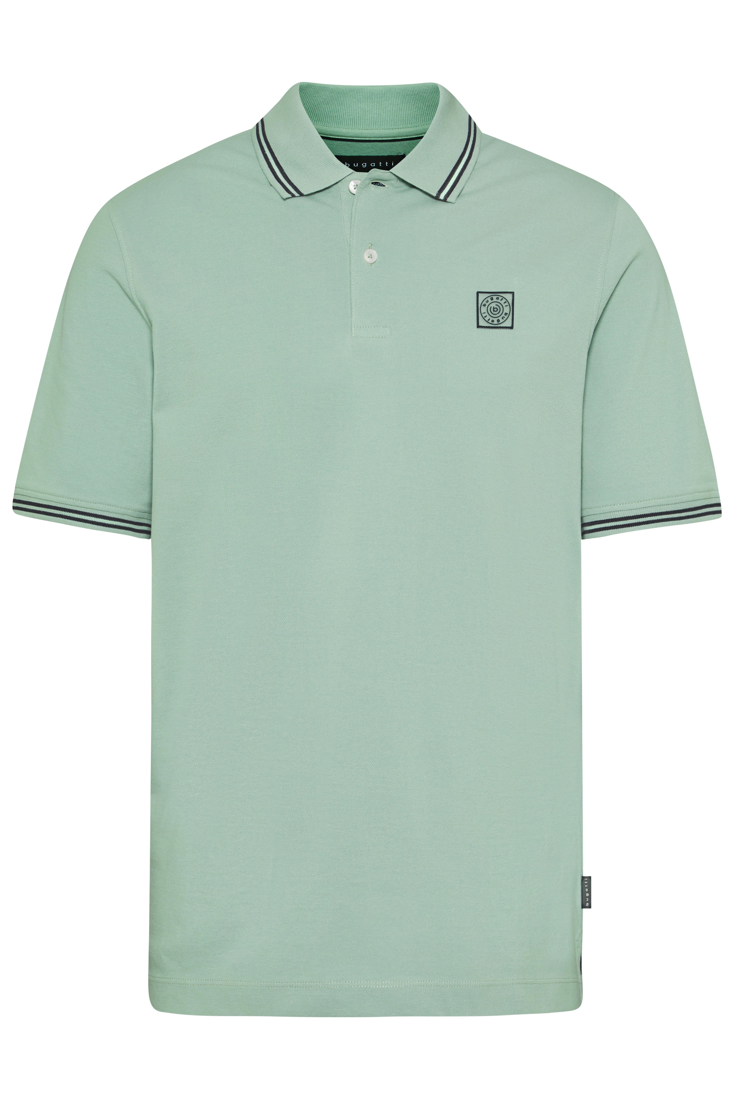 Green bugatti polo shirt with striped collar and cuffs, bust view.