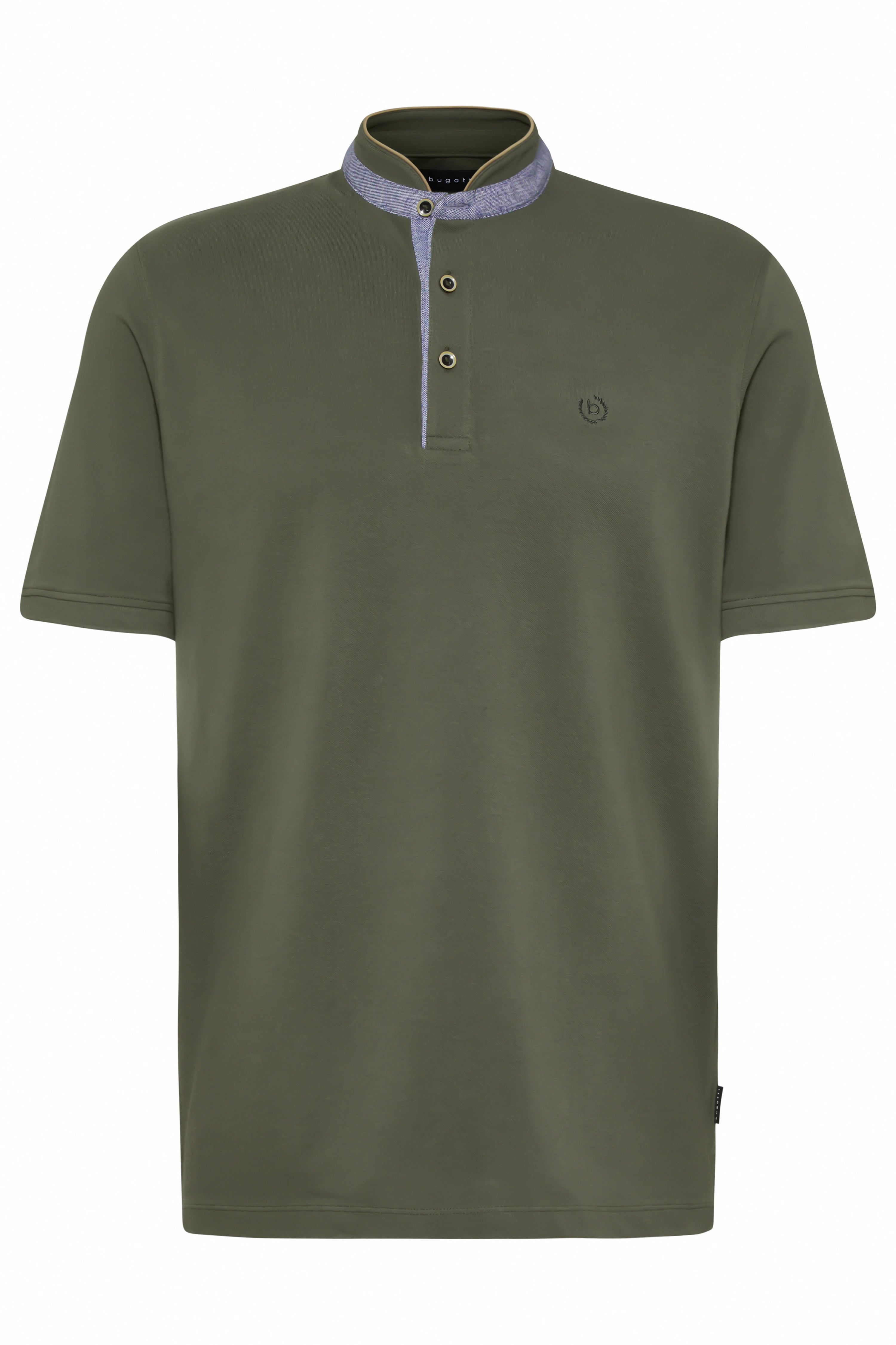 bugatti khaki Poloshirt mit blauem Kragen, Büstenbild, stilvoll und zeitlos.