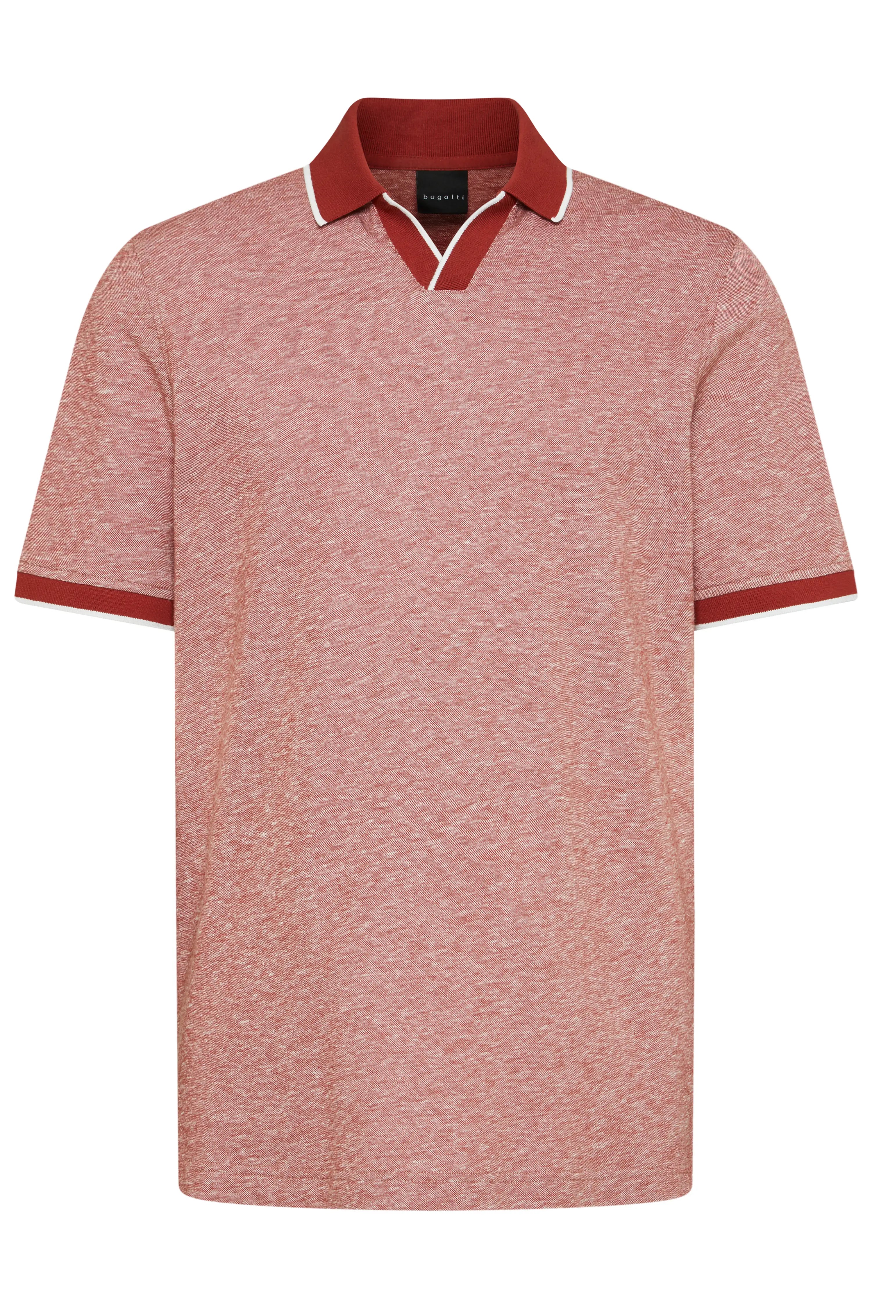 bugatti rotes Poloshirt mit weißem Kragen und Ärmelstreifen, legeres Büstenbild.