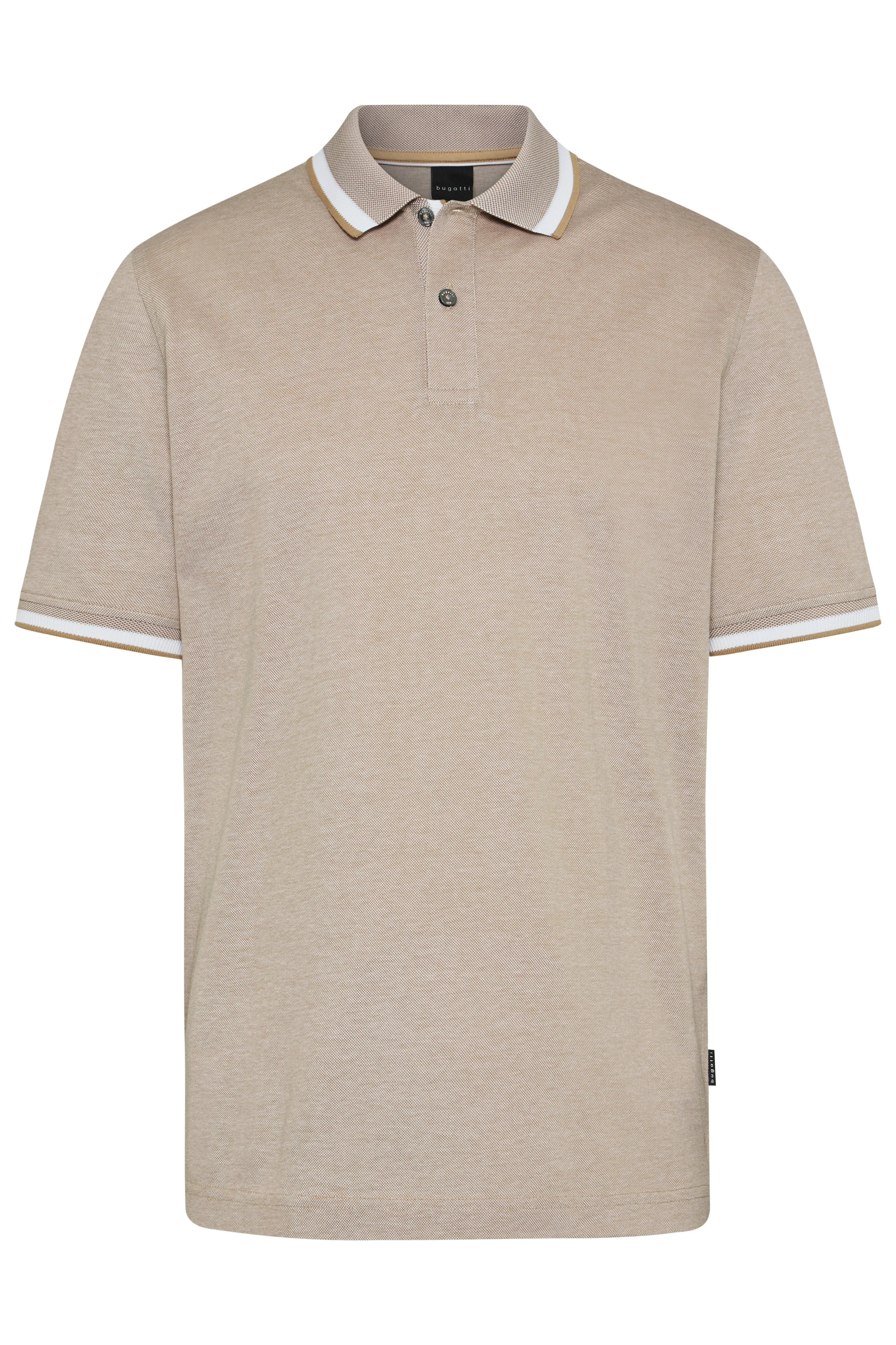Bugatti beiges Poloshirt, Büstenbild, klassischer Schnitt, weiß-gelbe Akzente am Kragen und Ärmelabschluss.