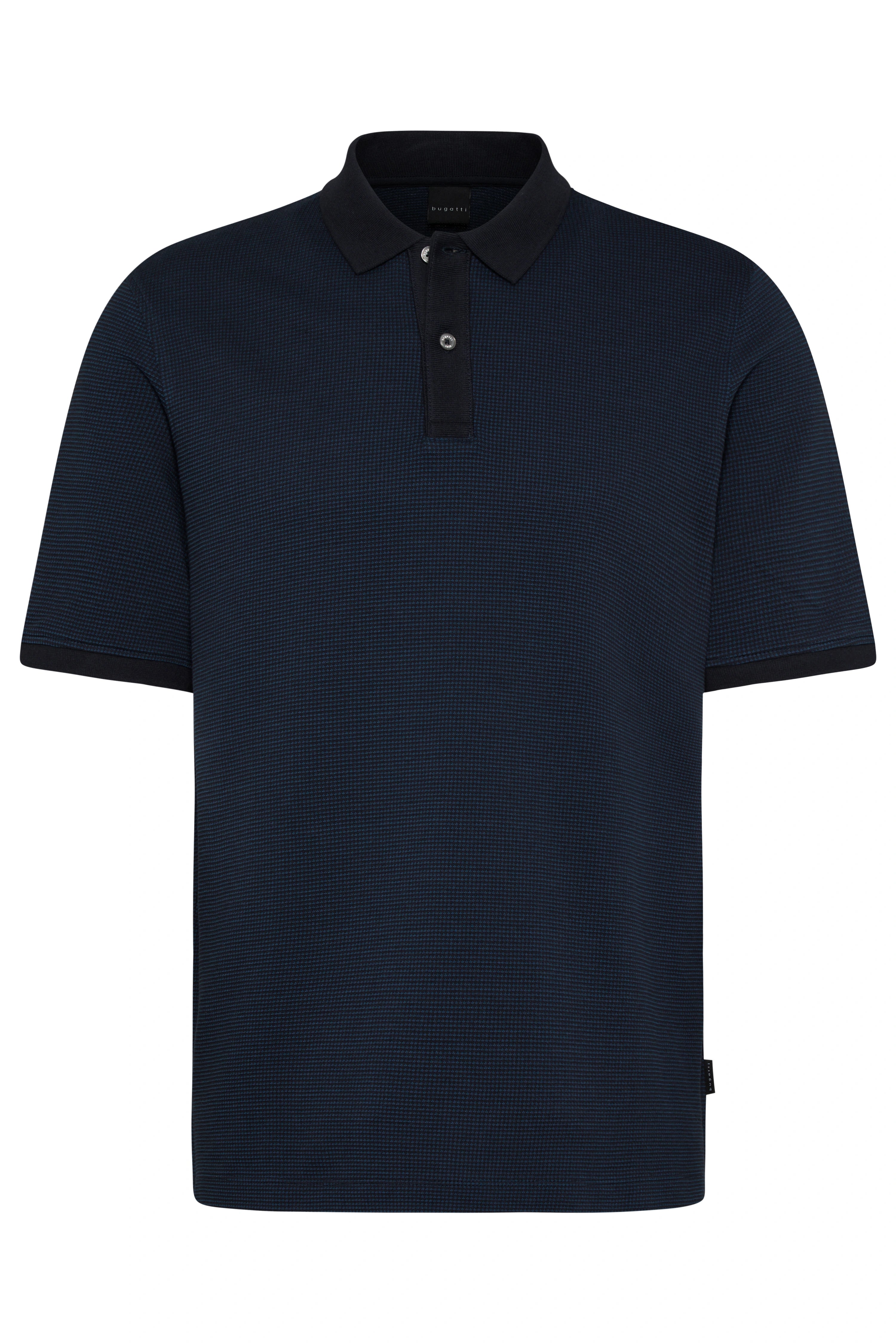Dark blue bugatti polo shirt, fine pattern, bust image, timeless style.