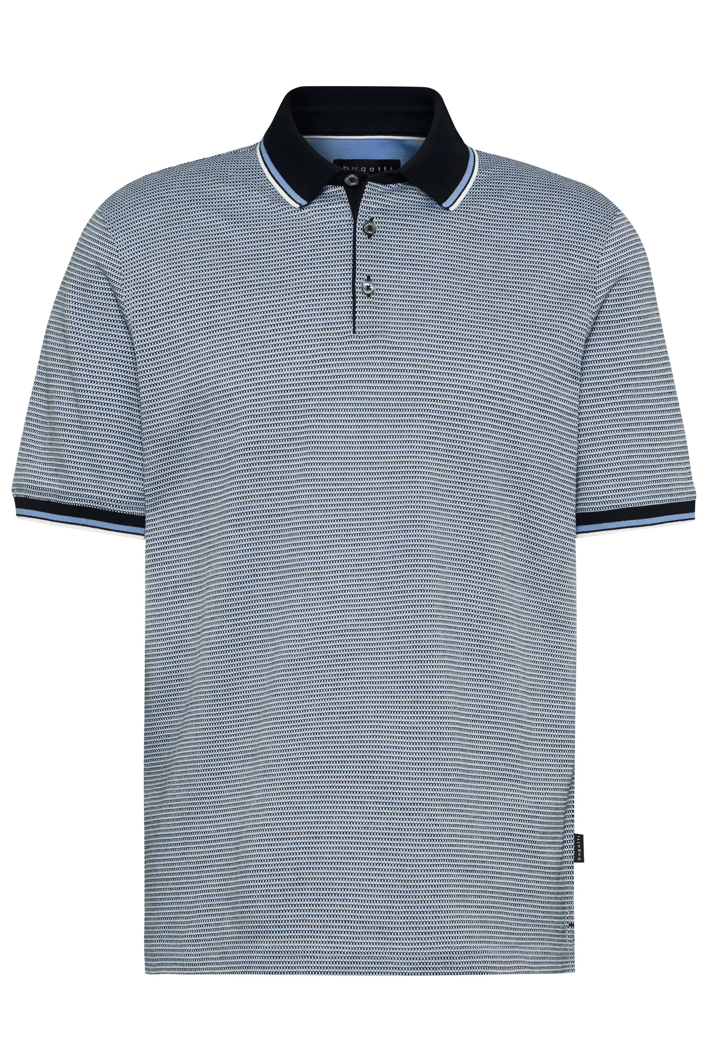 bugatti polo shirt, bust image, blue-white striped, black collar, elegant look.