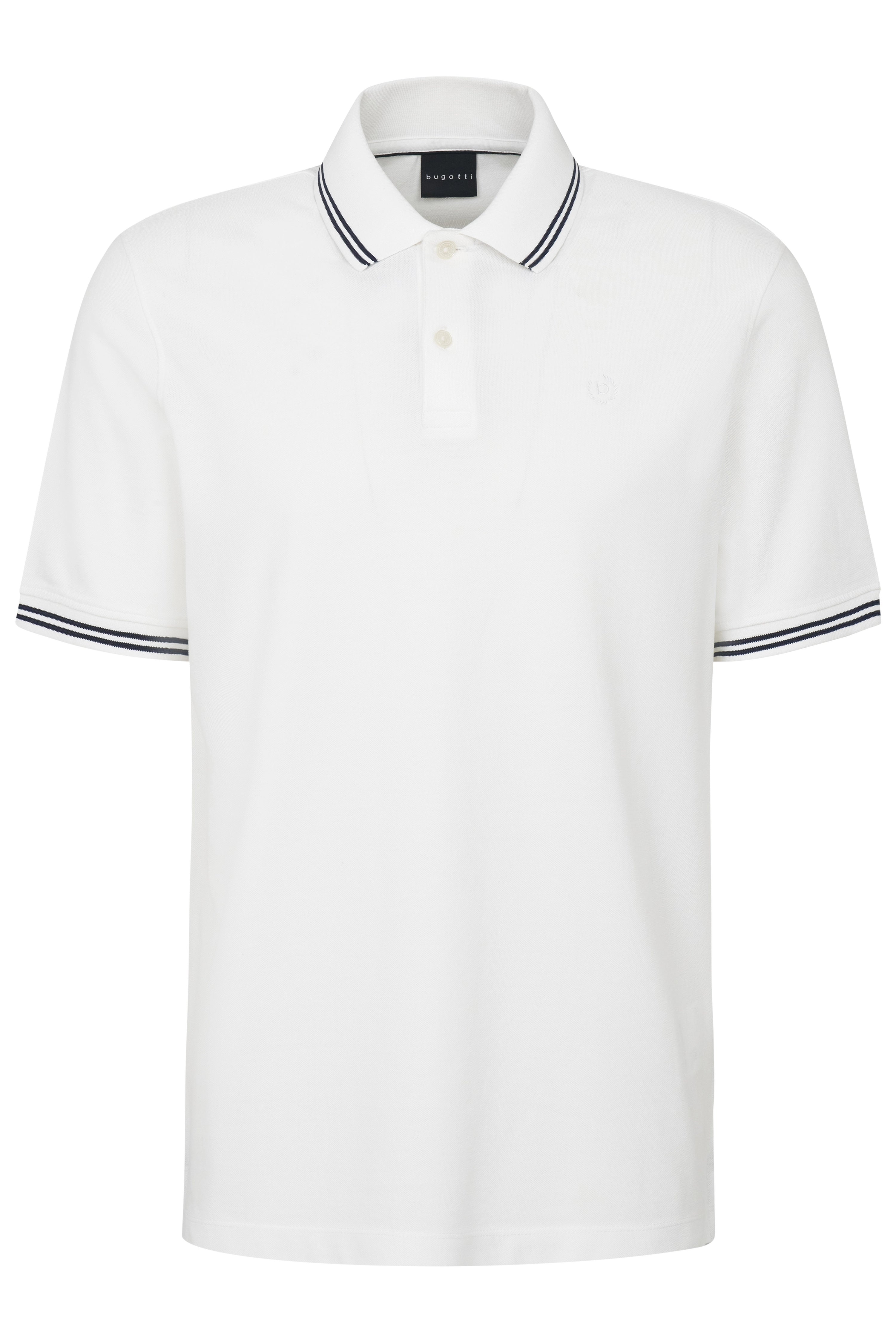 Weißes bugatti Poloshirt mit Kontraststreifen an Kragen und Ärmeln, Büstenbild.