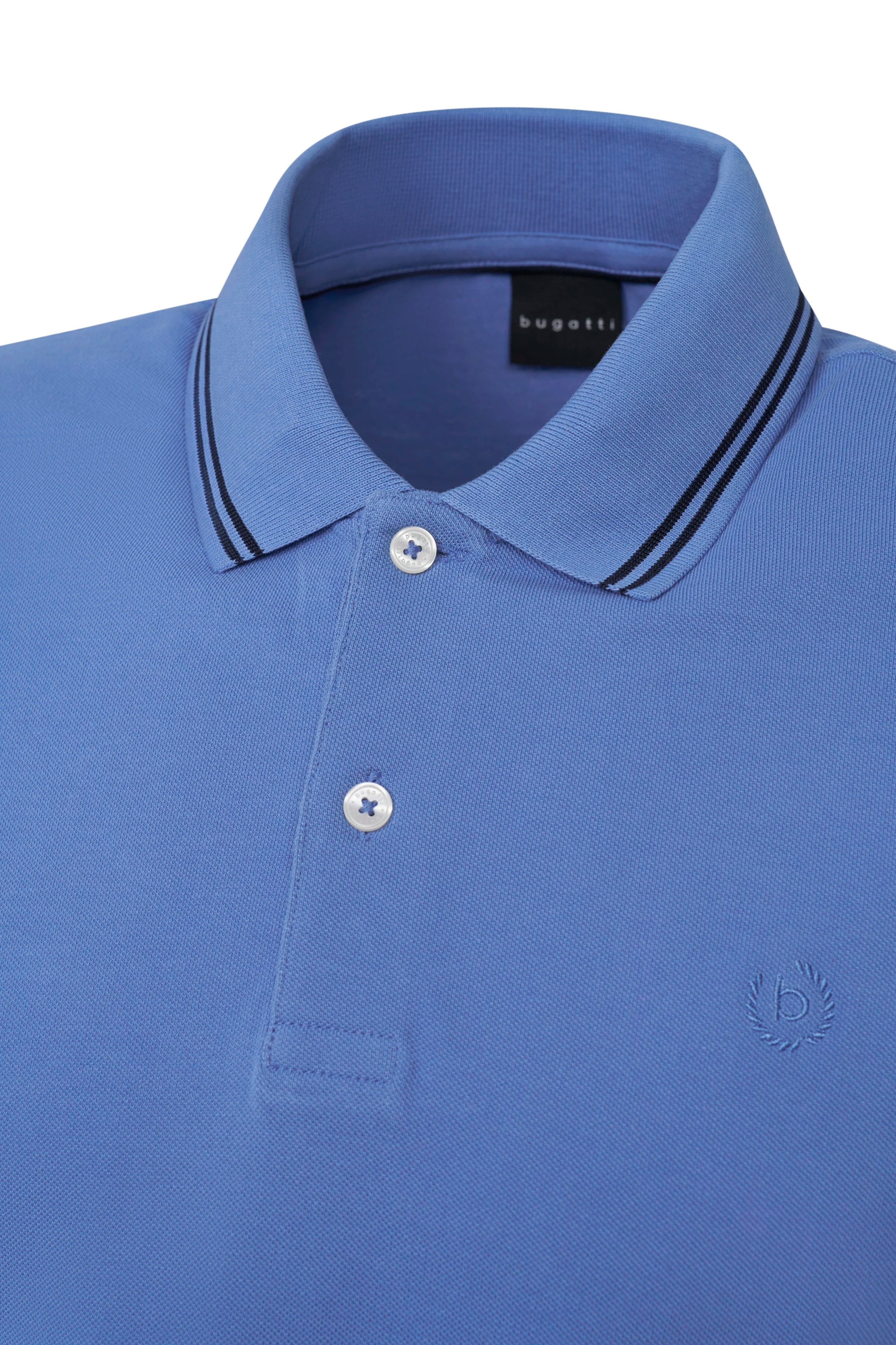 Blue bugatti polo shirt with black stripe trim, bust view.