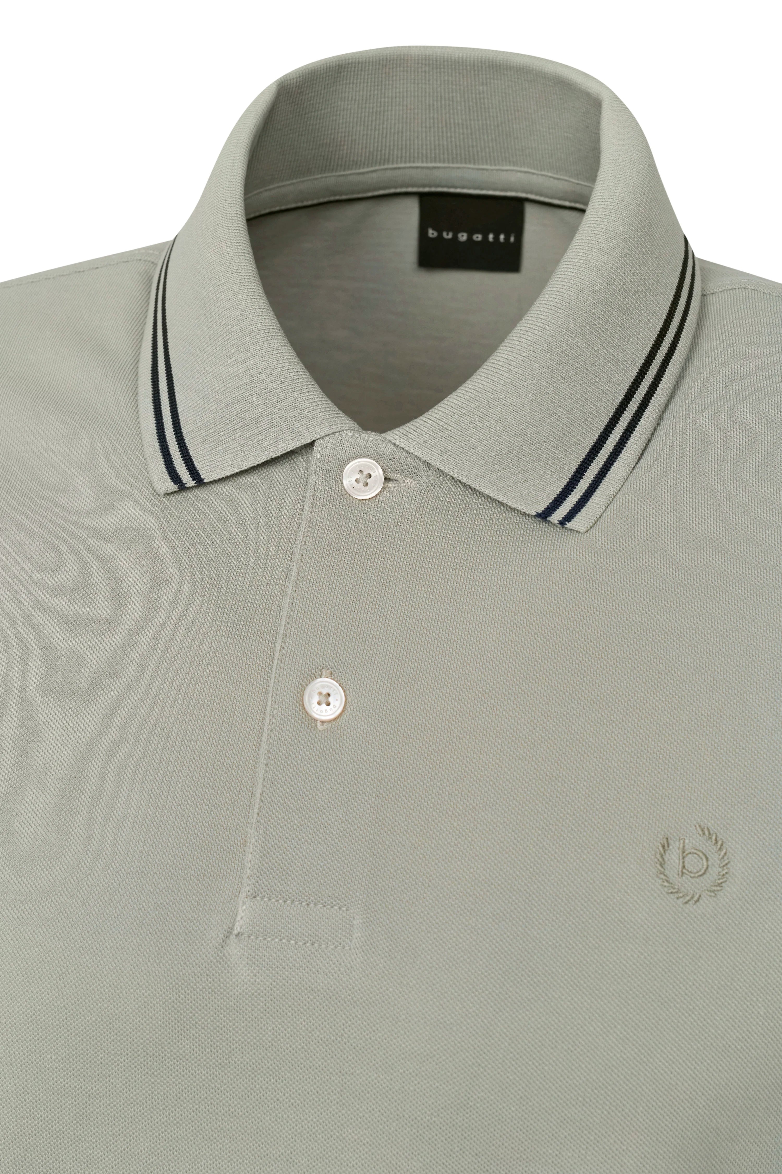 Gray polo shirt with subtle collar stripes, bust view, bugatti style.