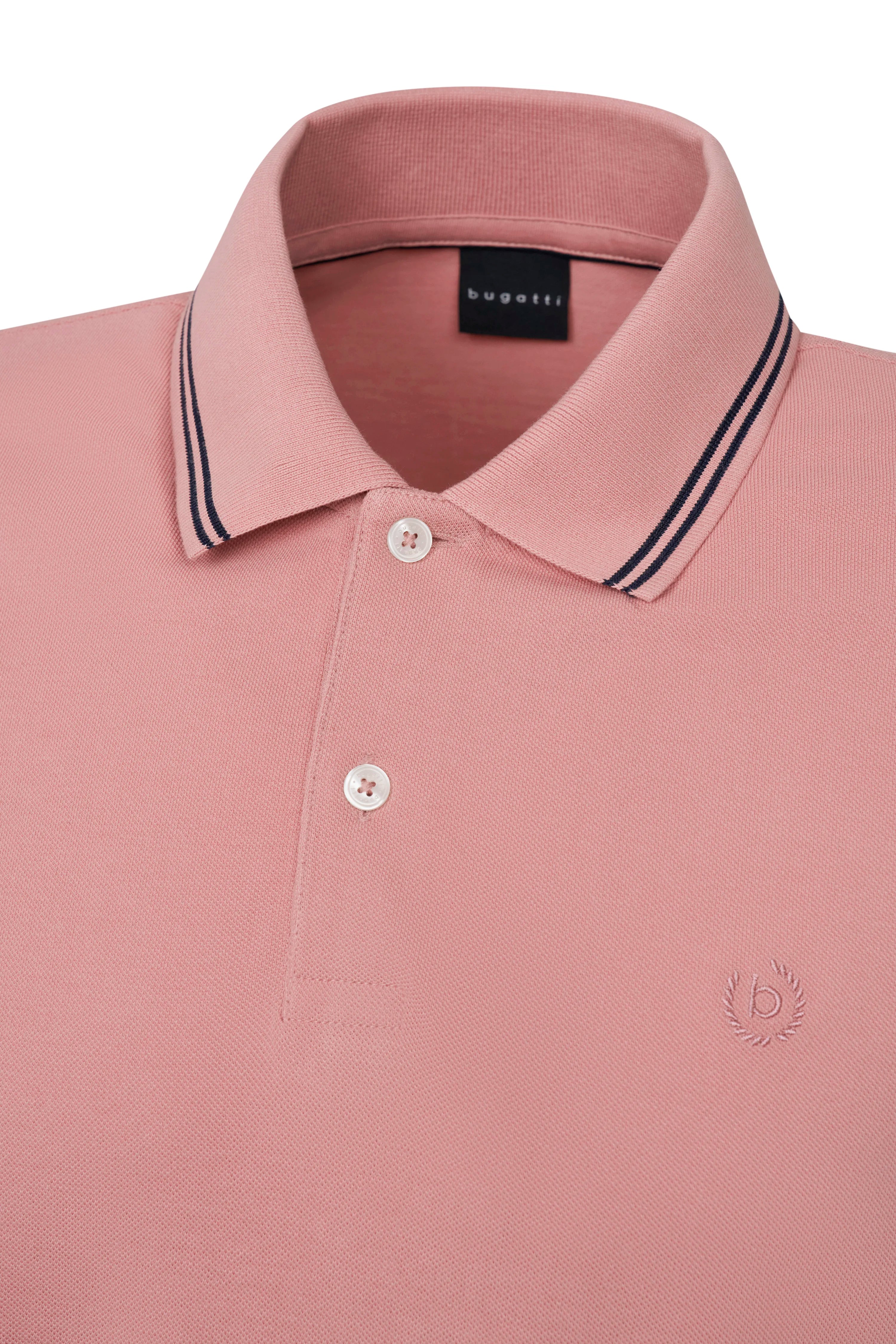 Rosa bugatti Poloshirt mit gestreiftem Kragen, Büstenbild, elegantes Design.