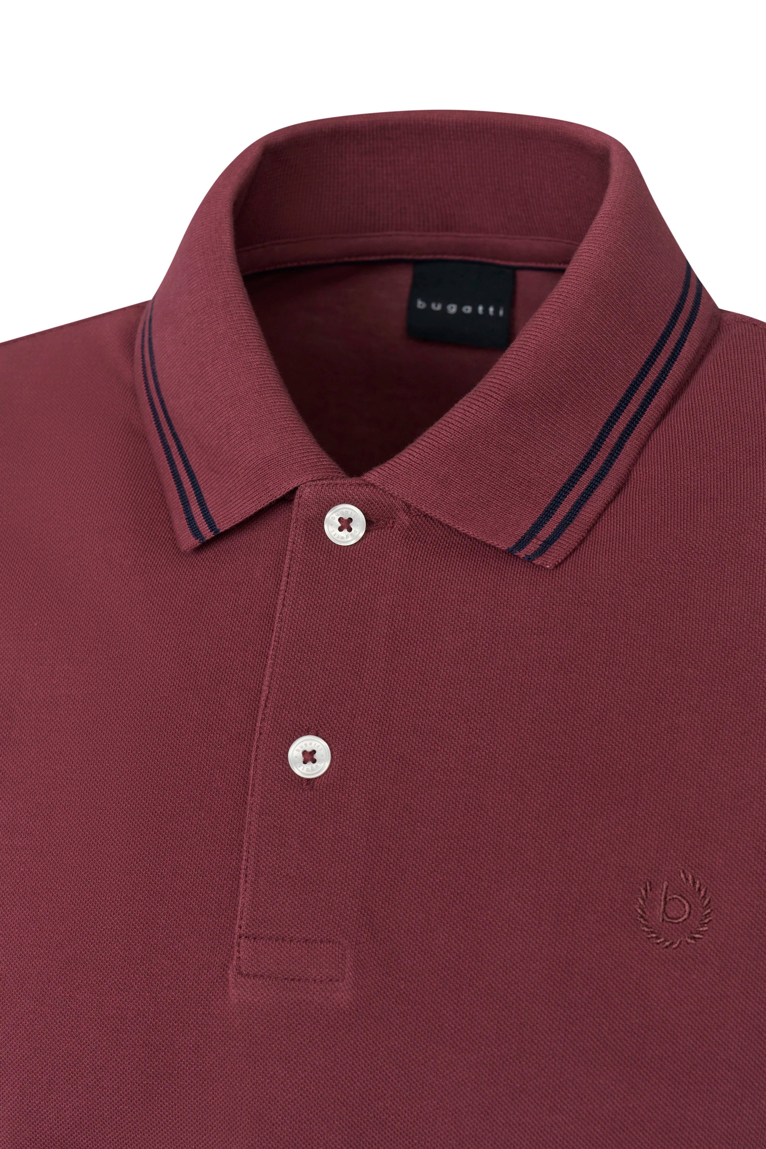 Bugatti Poloshirt in Bordeaux, Büstenbild, mit gestreiftem Kragen und zwei Knöpfen.