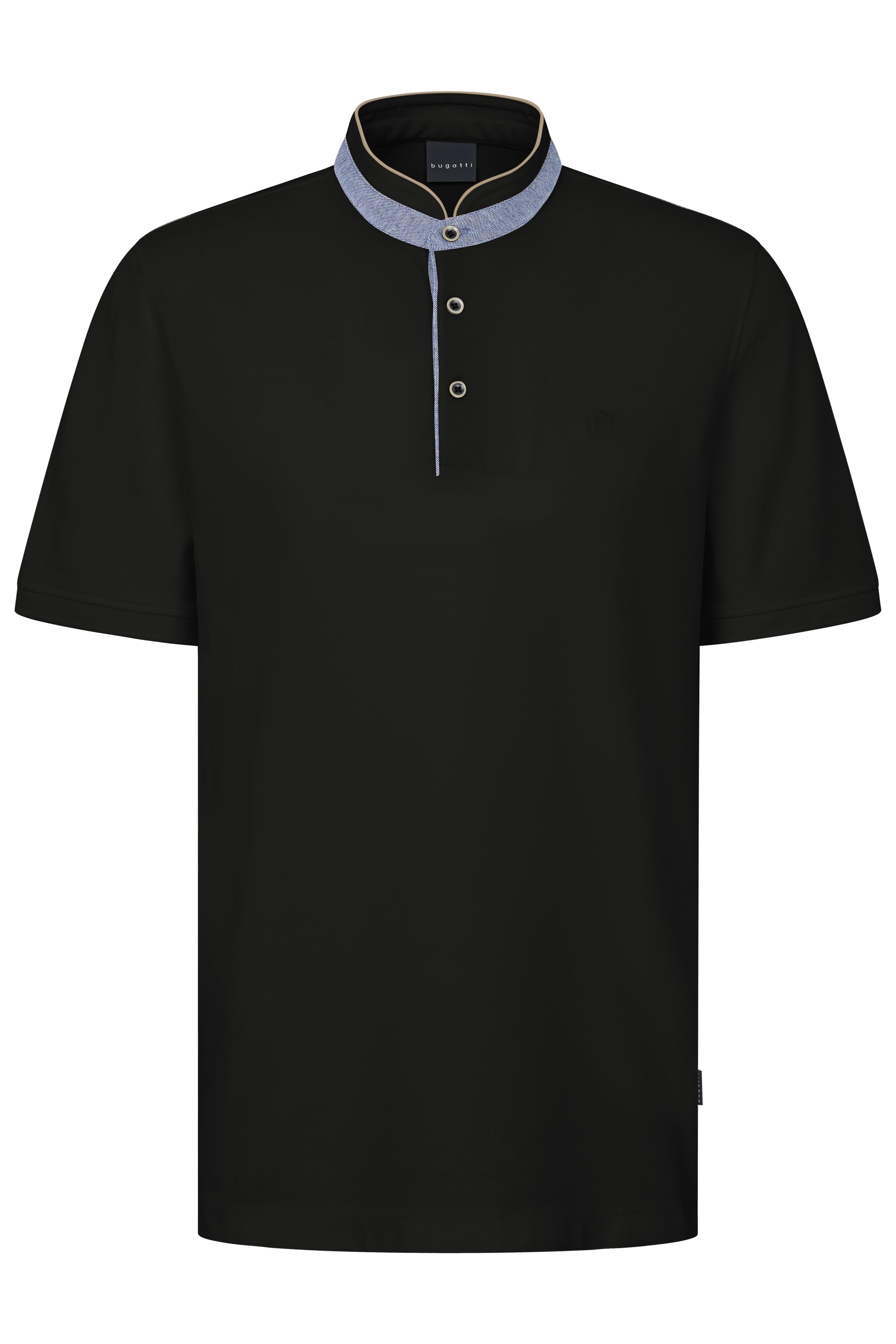 Black bugatti shirt with blue stand-up collar and button placket, bust view.