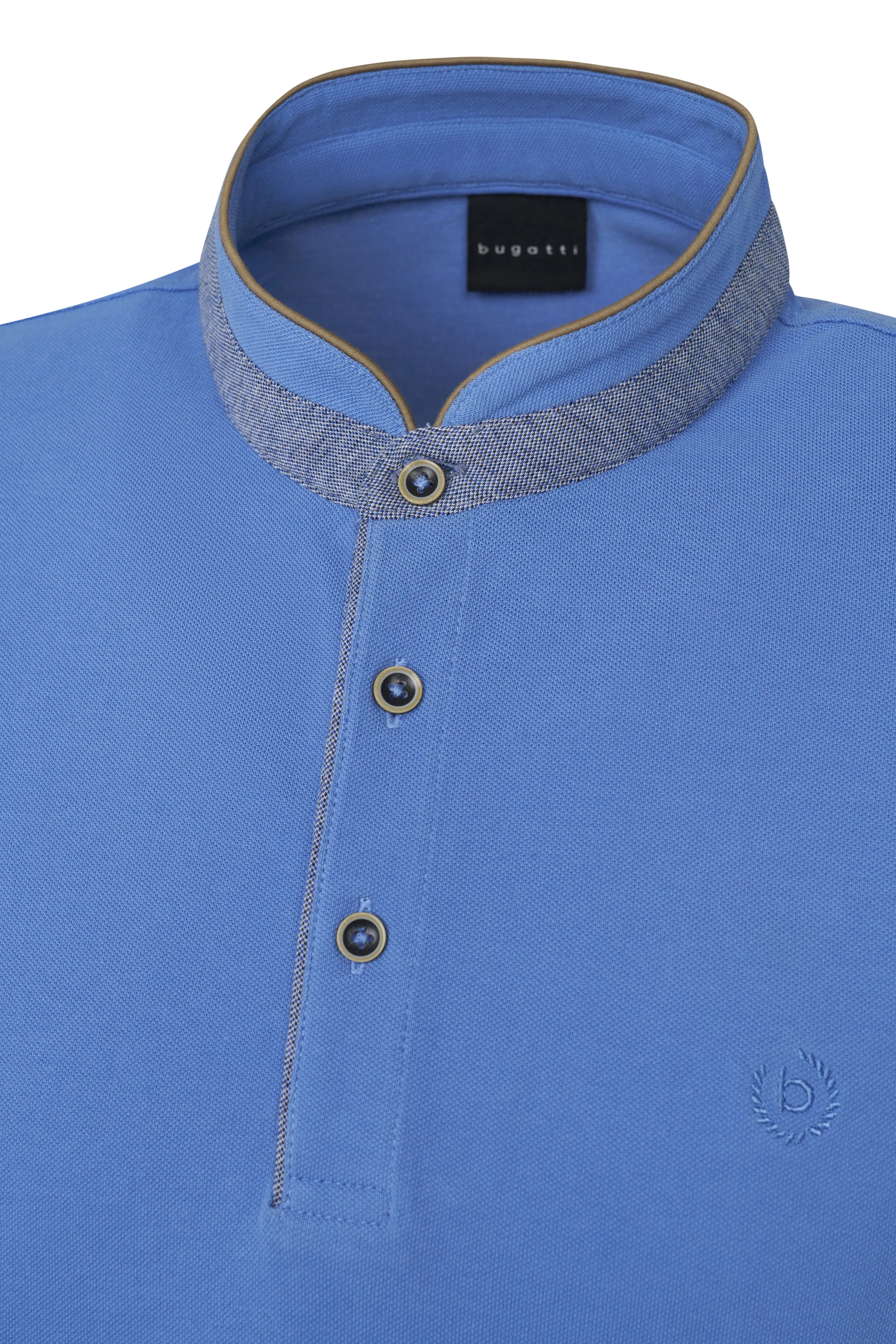 bugatti blue shirt with stand-up collar and button placket, detailed view.