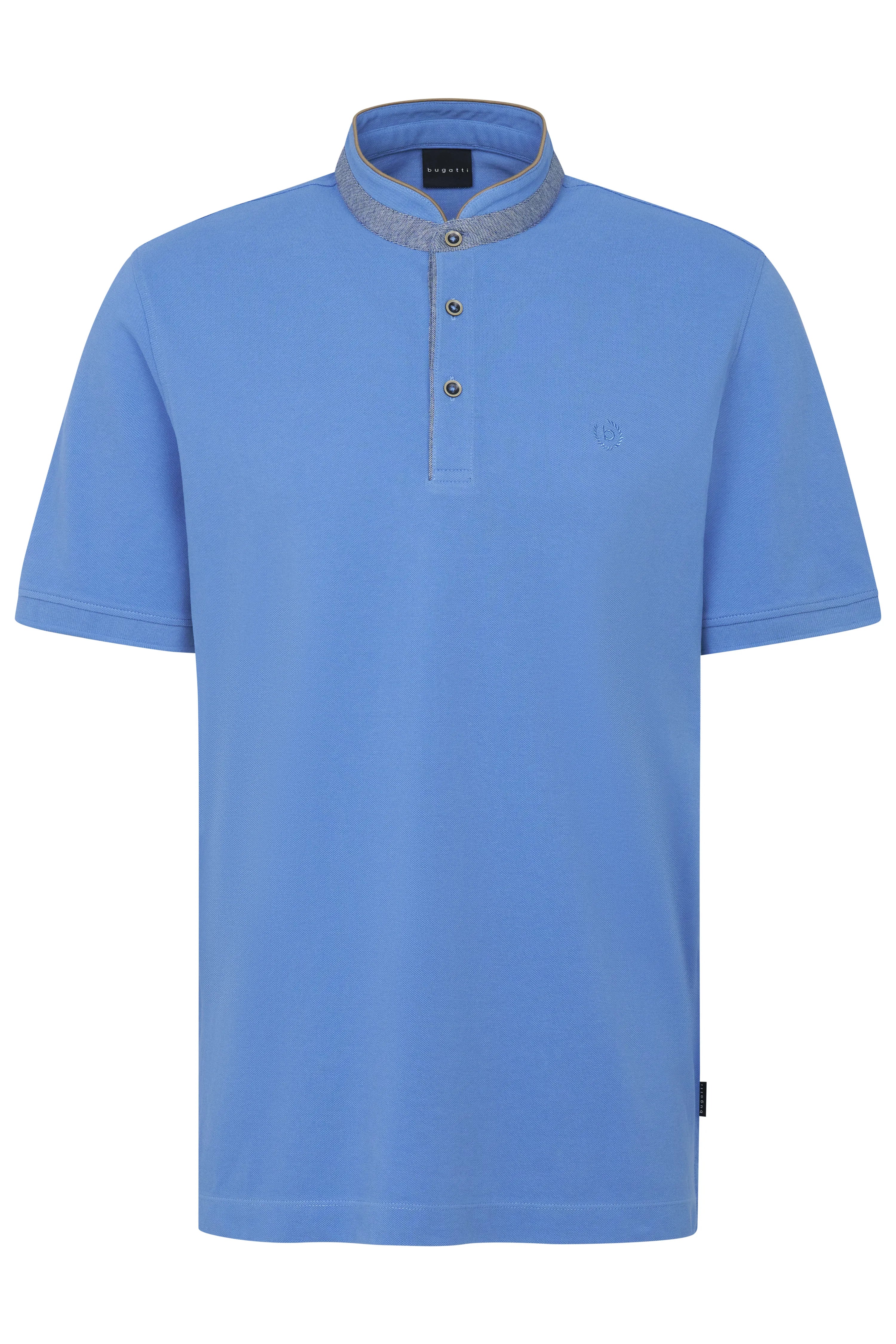 Blue bugatti polo shirt with stand-up collar and button placket, bust view.