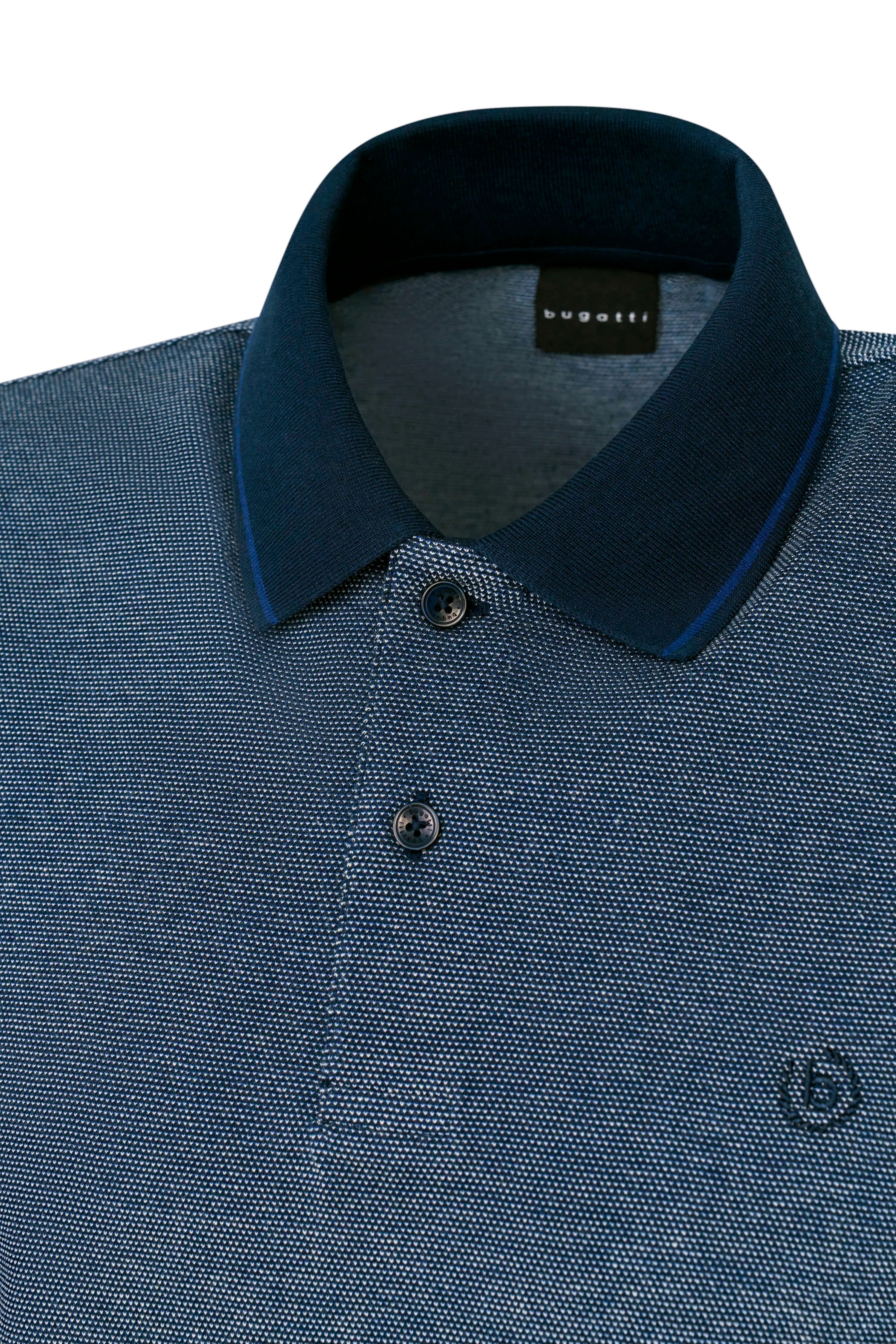 Blue bugatti polo shirt with fine pattern and dark collar, bust view.