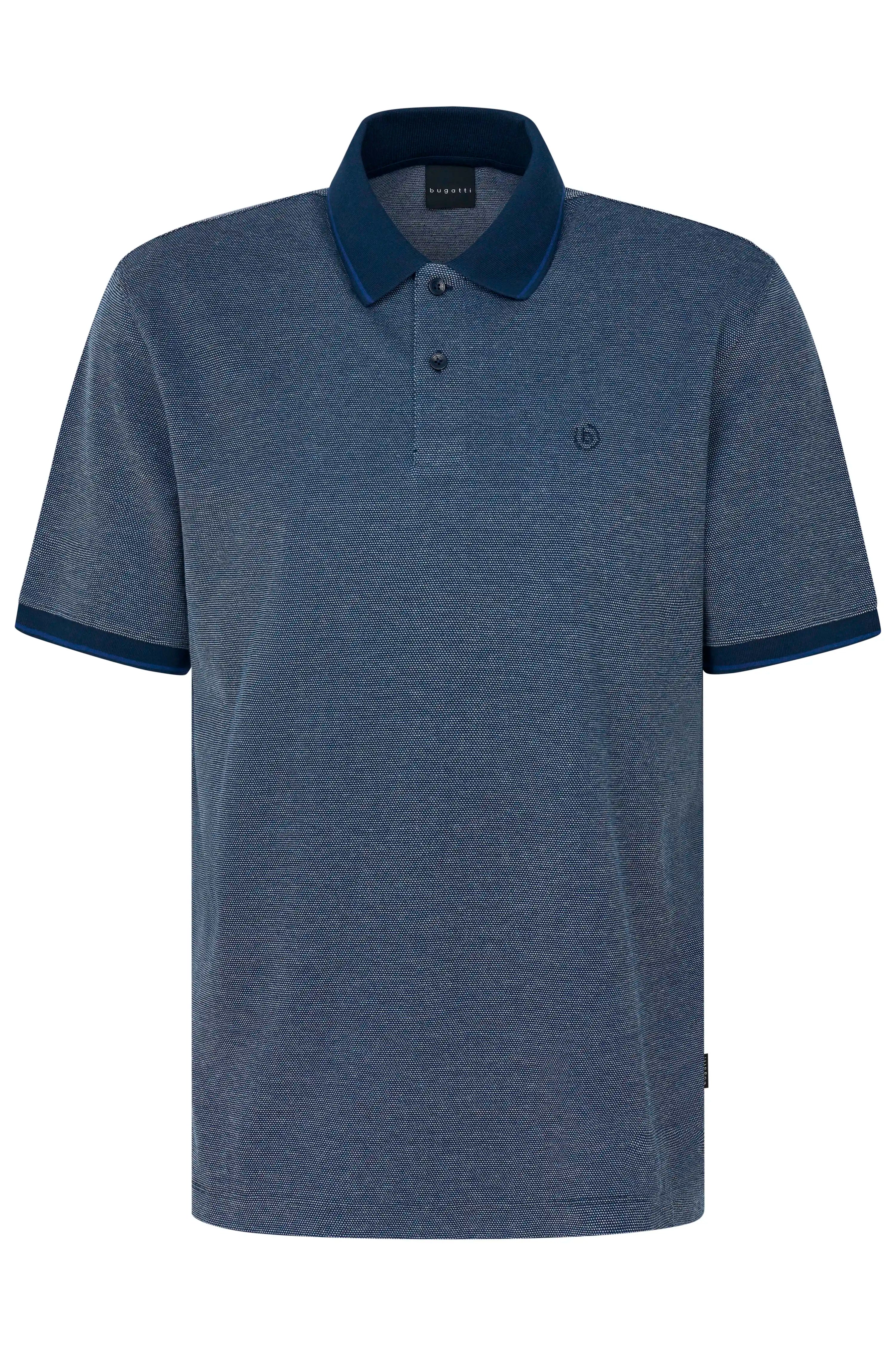 Blue bugatti polo shirt, bust view, fine texture, classic style.