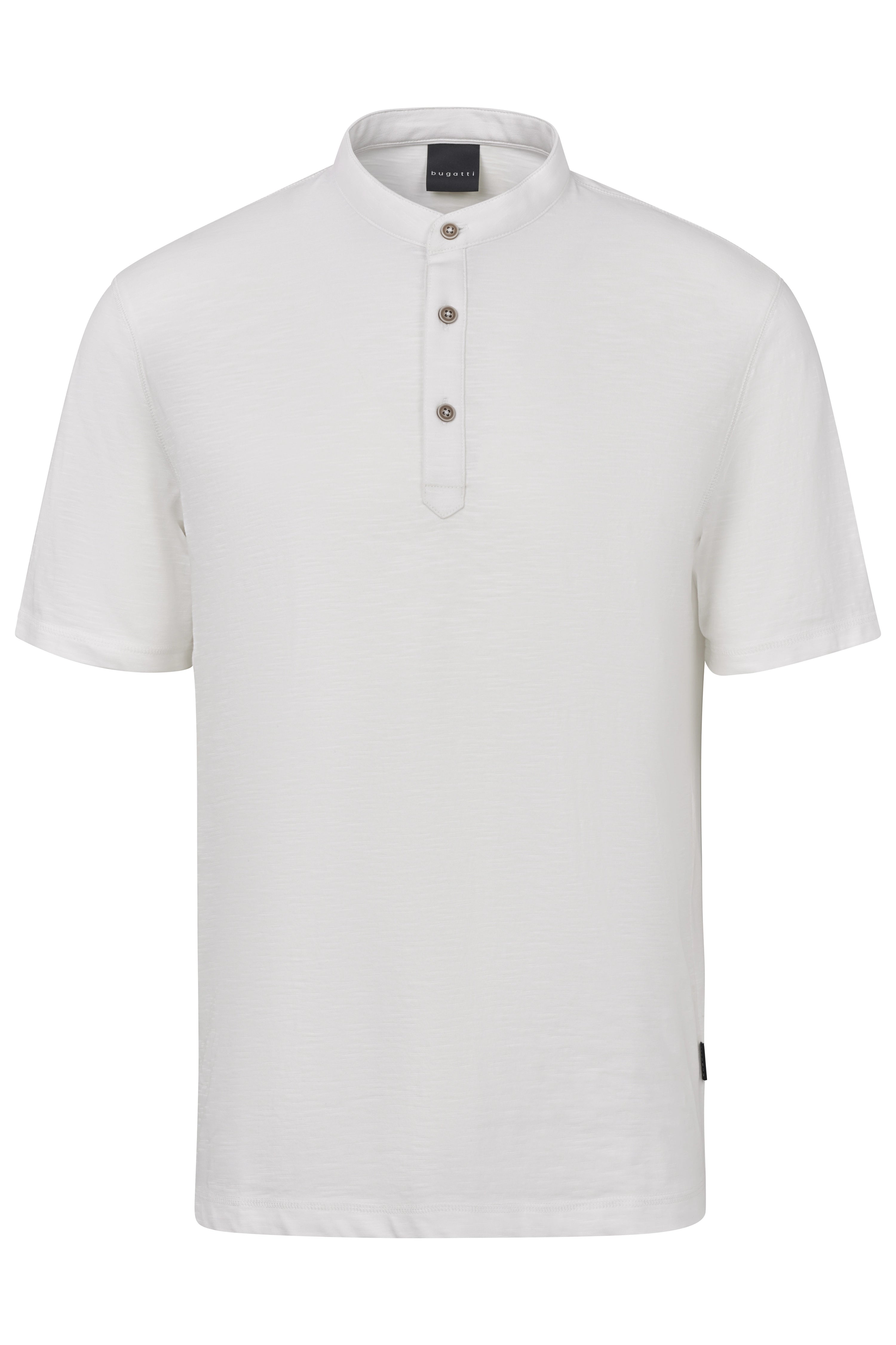 White bugatti men's shirt with stand-up collar and button placket, bust view.