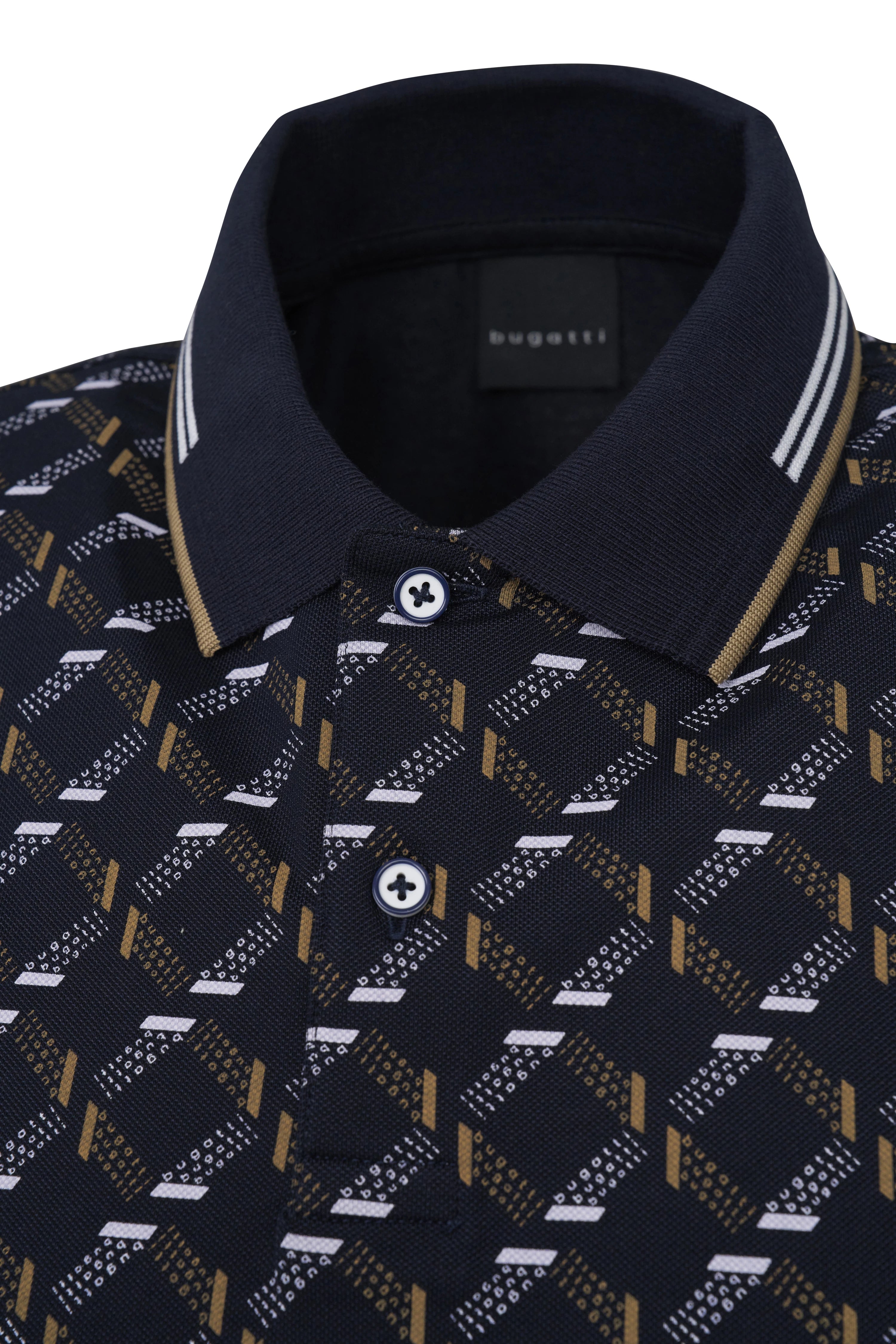 bugatti polo shirt, navy with white and gold geometric pattern, design close-up.
