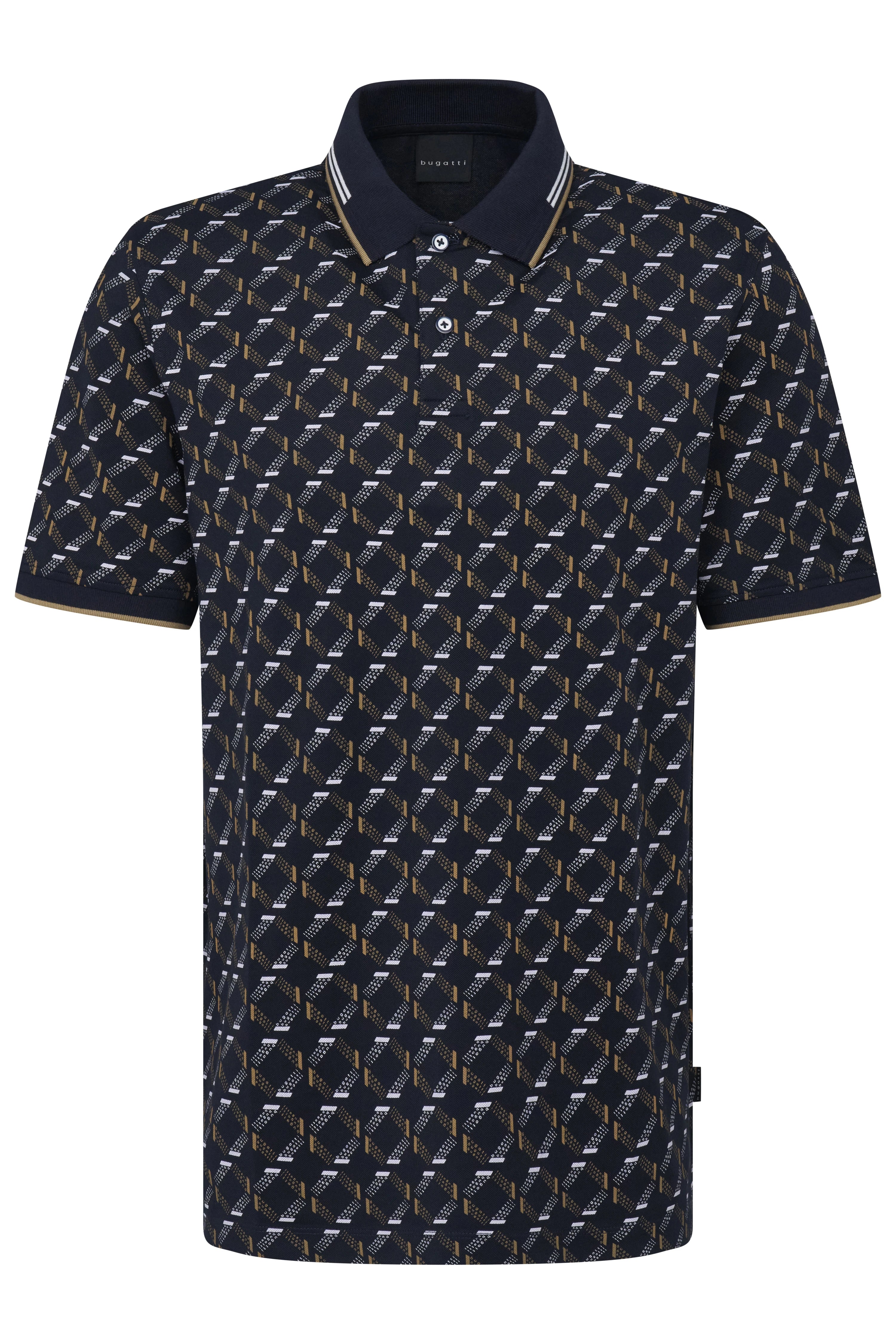 Navy patterned bugatti polo shirt, geometric design, bust view.