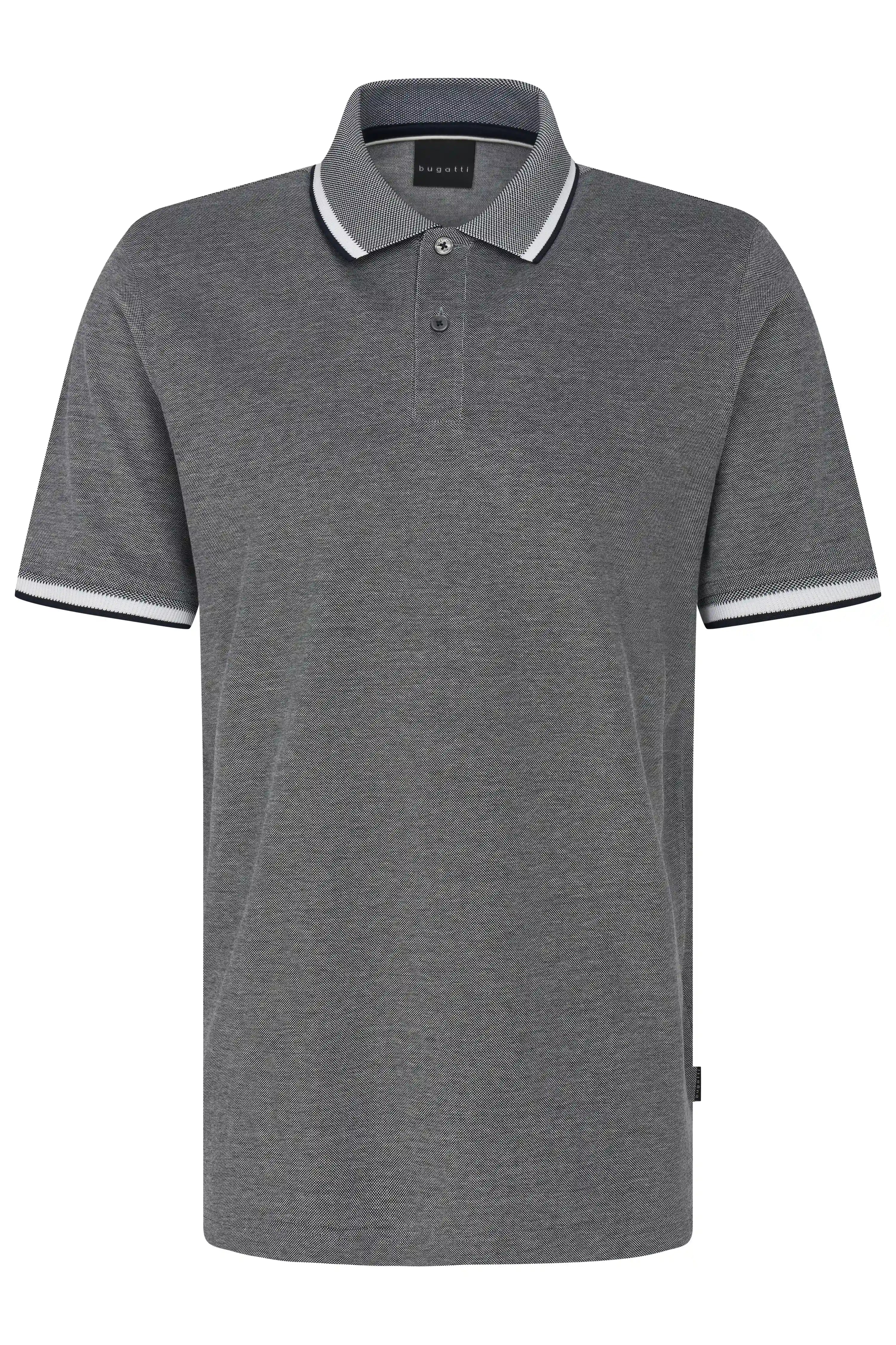 Grey bugatti polo shirt with subtle pattern, bust view, classic collar and white sleeve cuffs.