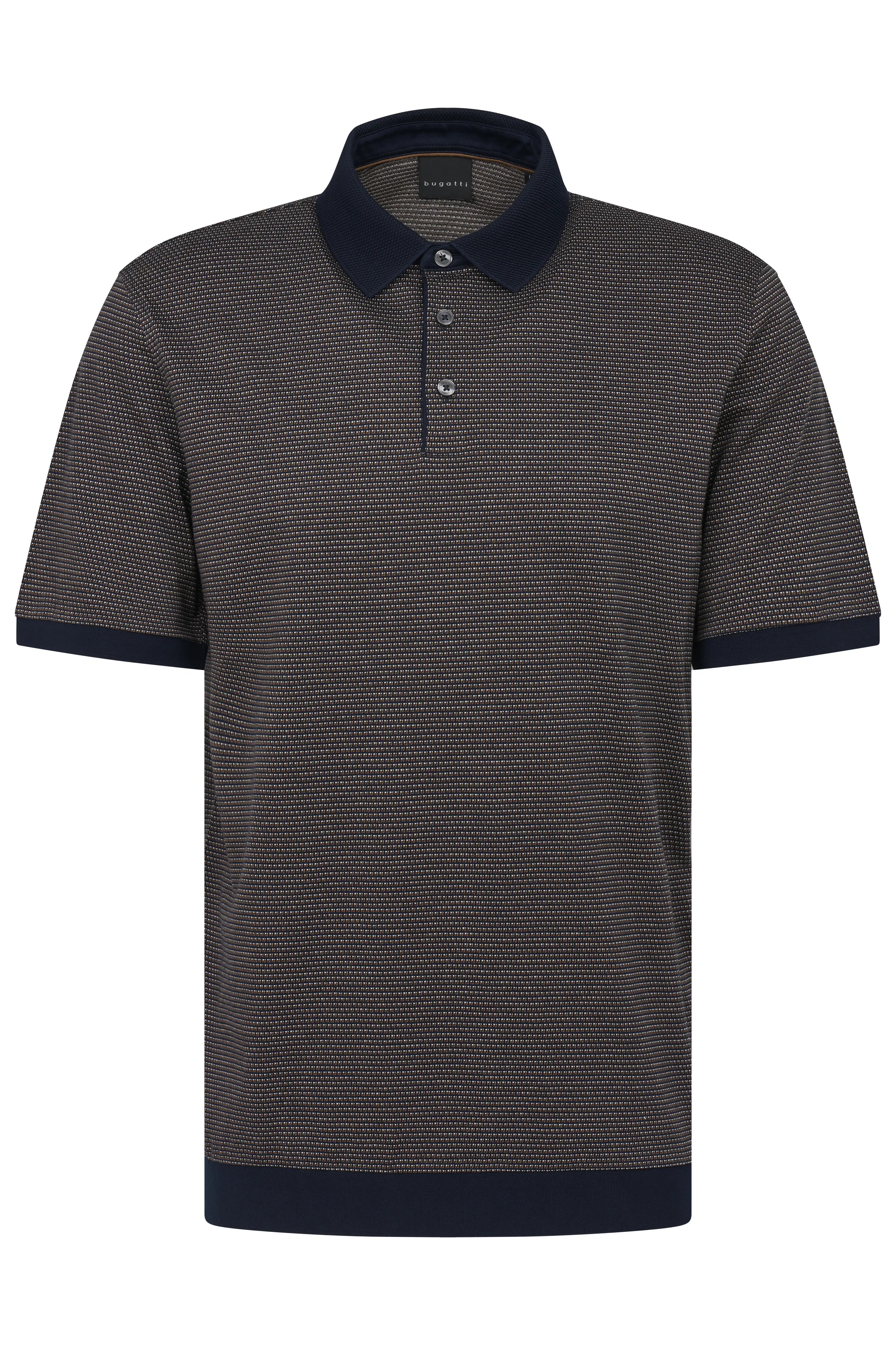 Dark blue bugatti polo shirt with fine pattern, classic and stylish bust image.
