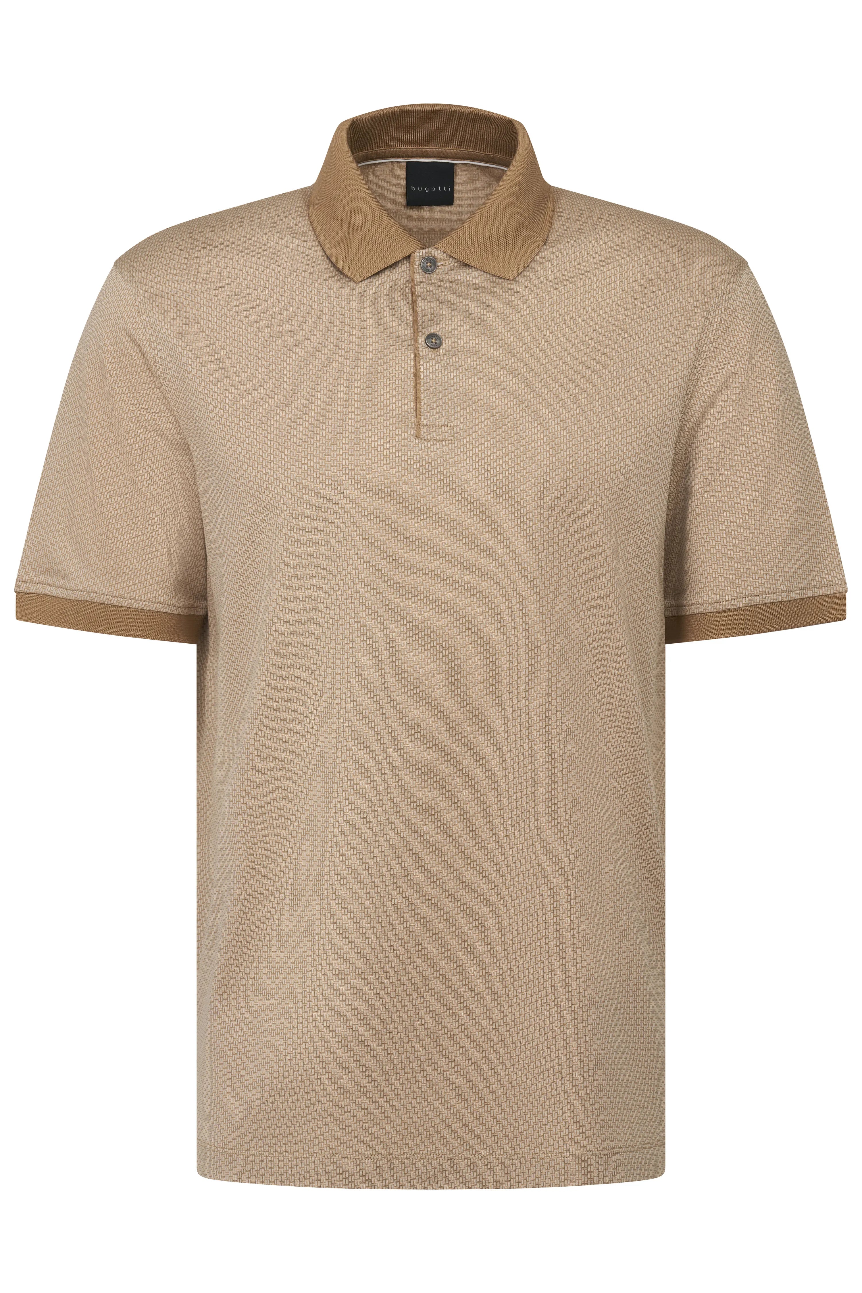Beige bugatti polo shirt with fine pattern, classic design, bust view.