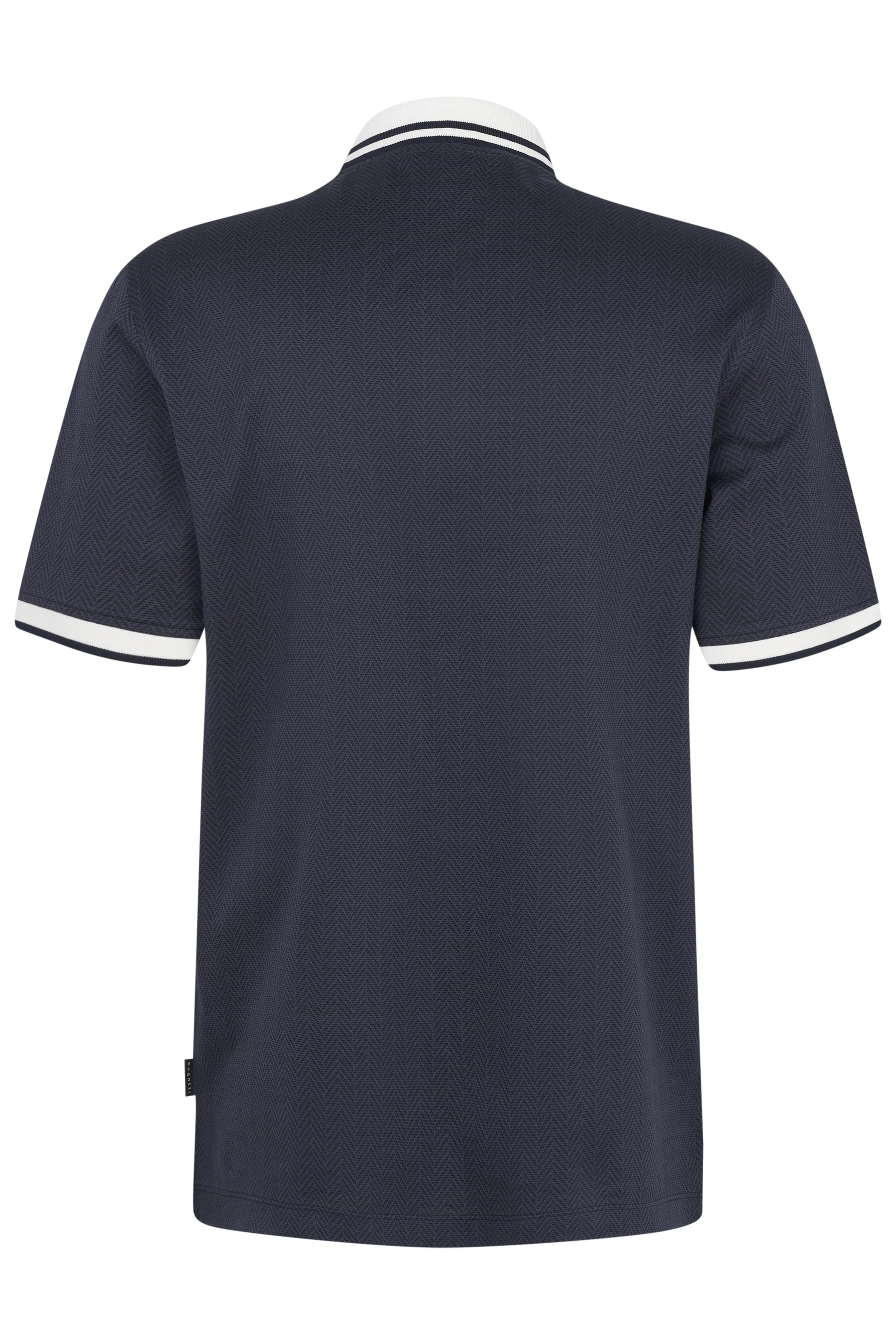 Navy polo shirt with white collar and placket, chevron pattern, bugatti, bust image.
