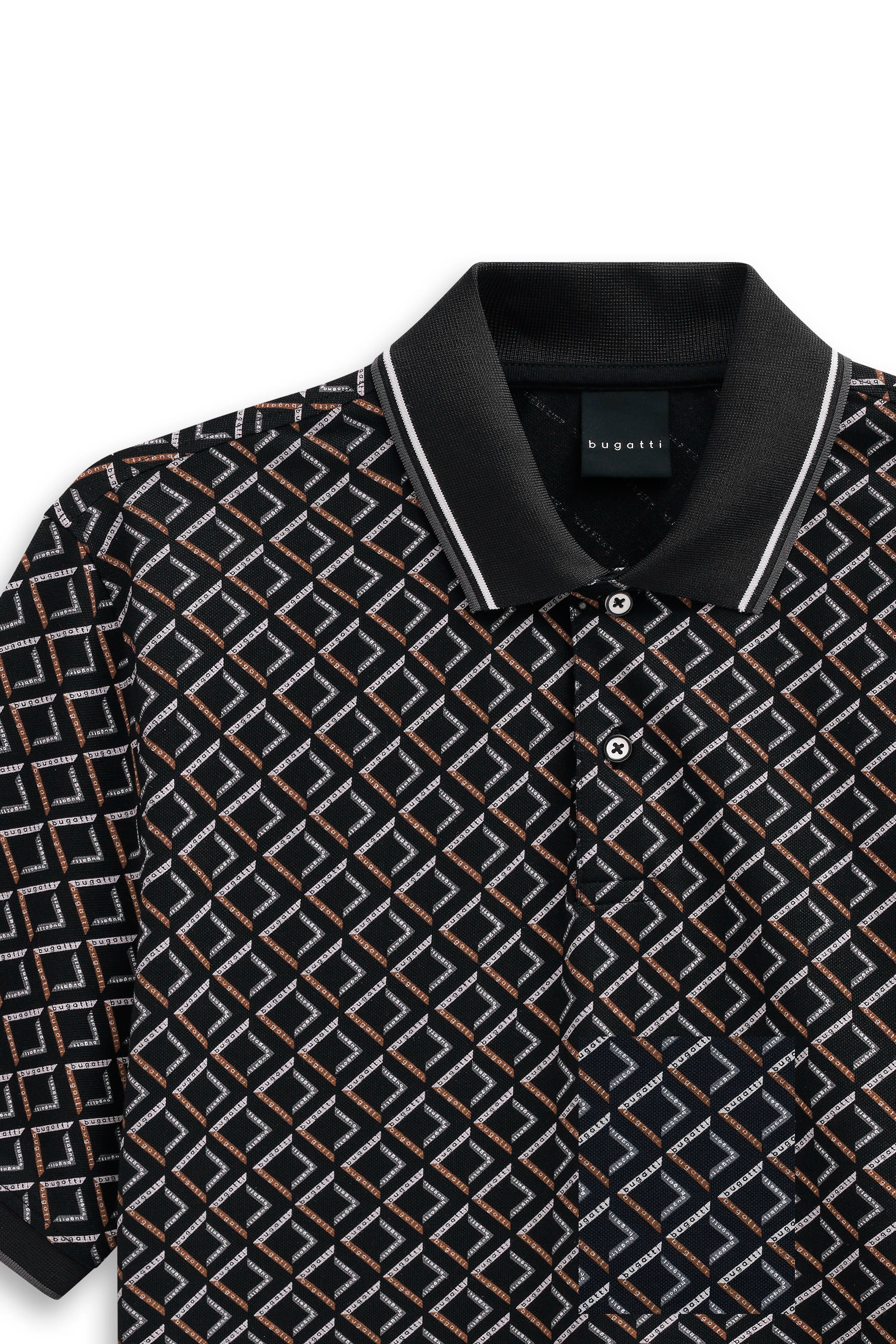 Schwarz-weißes bugatti Poloshirt mit geometrischem Muster, Büstenbild, klassisch-elegant.